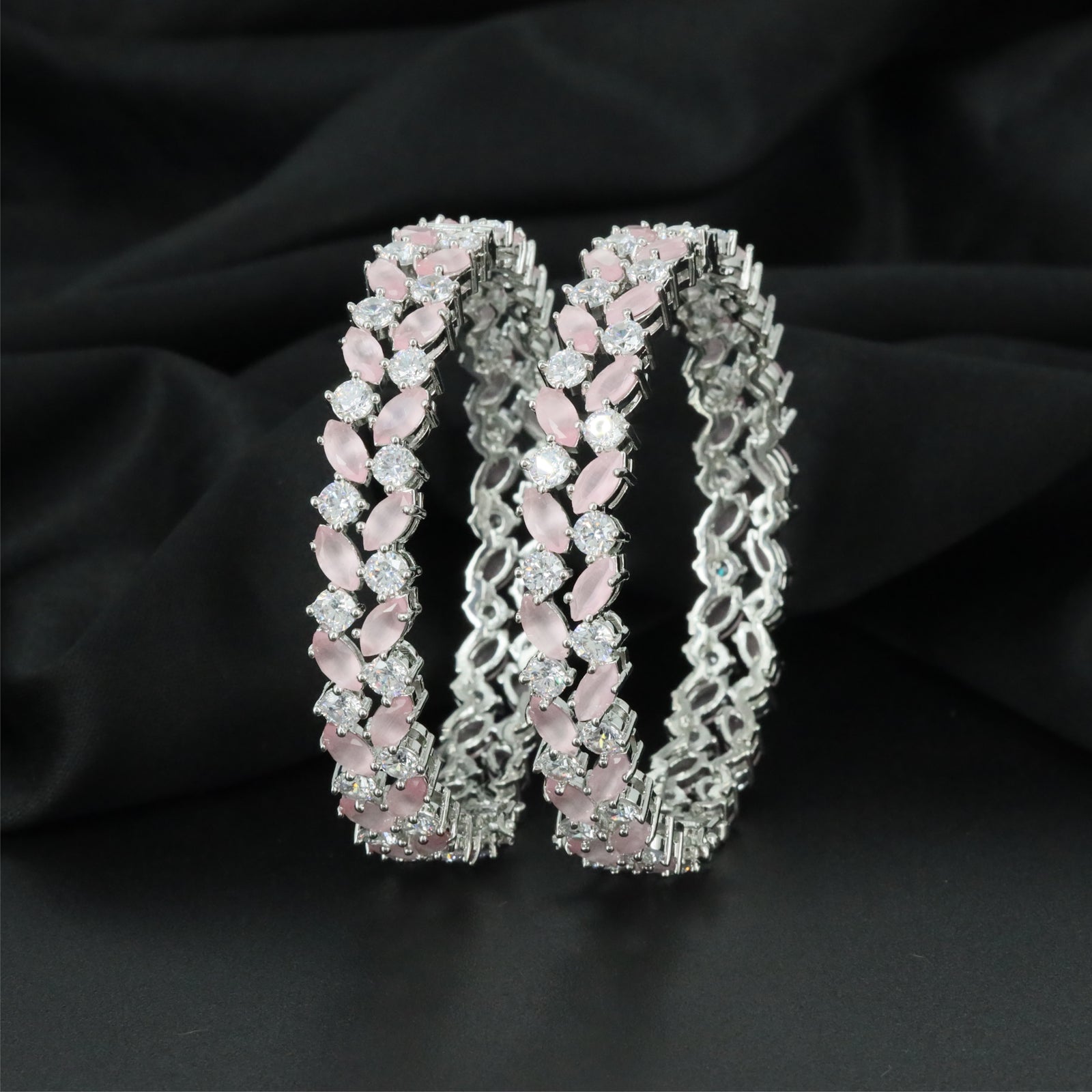 Interlock Path Rhodium Bangles with Repeating Accent Placement