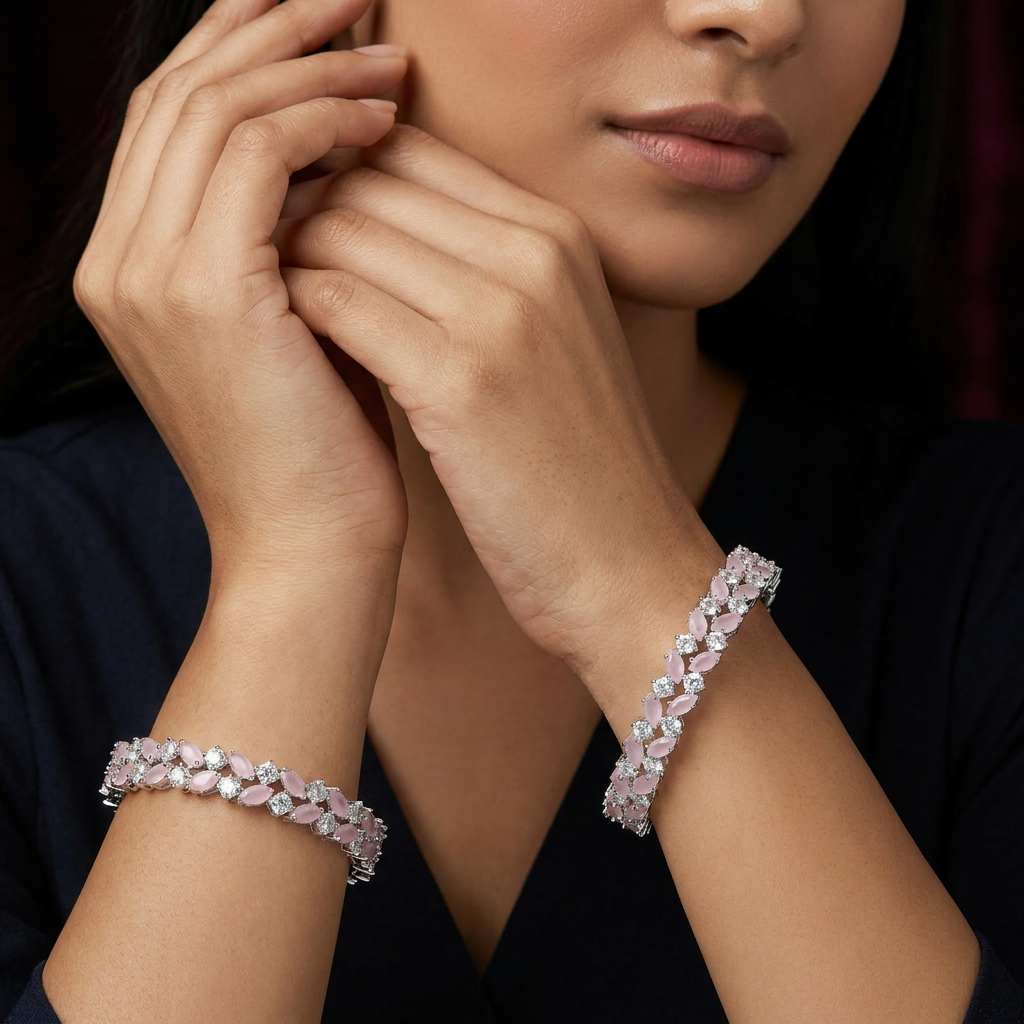 Interlock Path Rhodium Bangles with Repeating Accent Placement