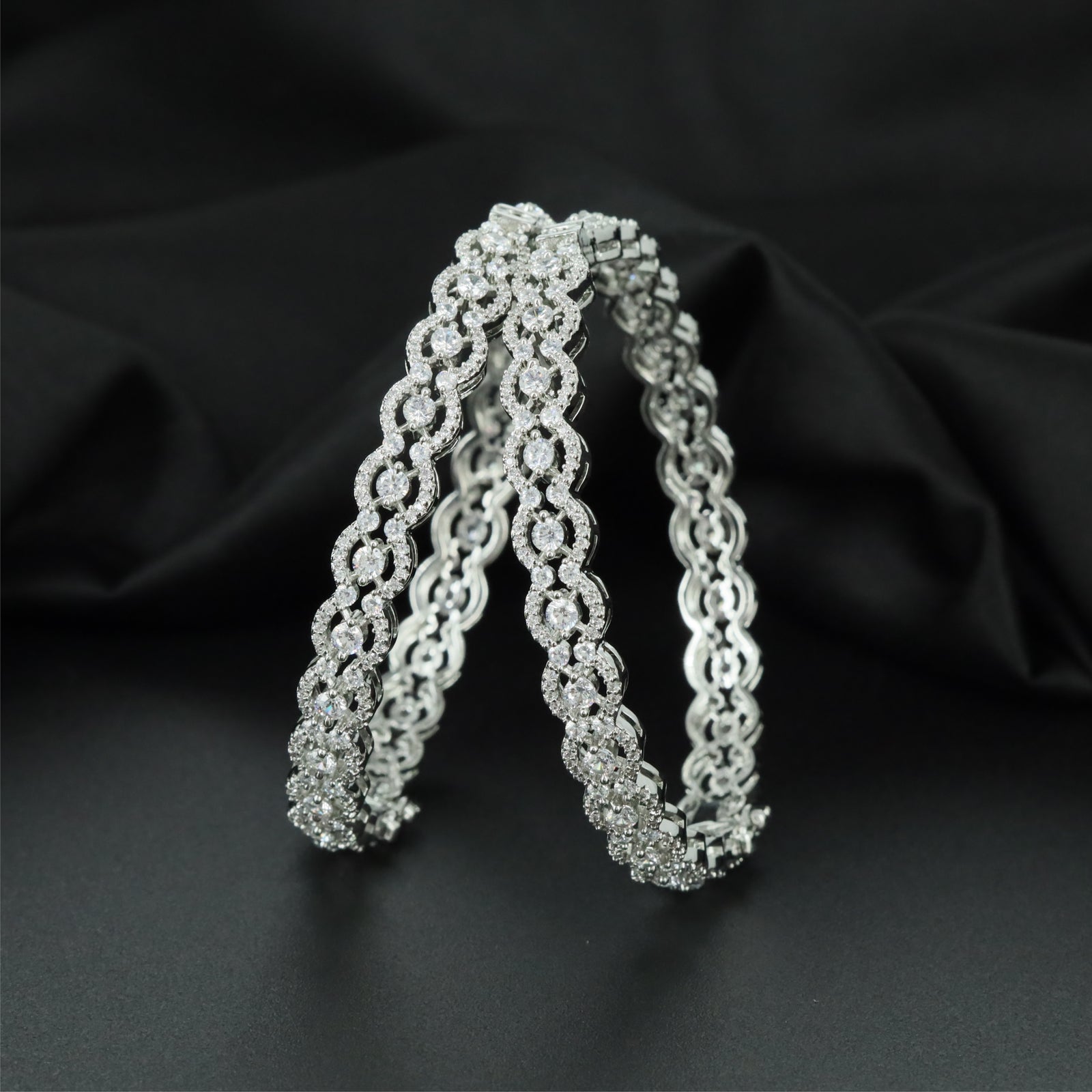Contour Chain Rhodium Bangles with Ornamental Open Structure