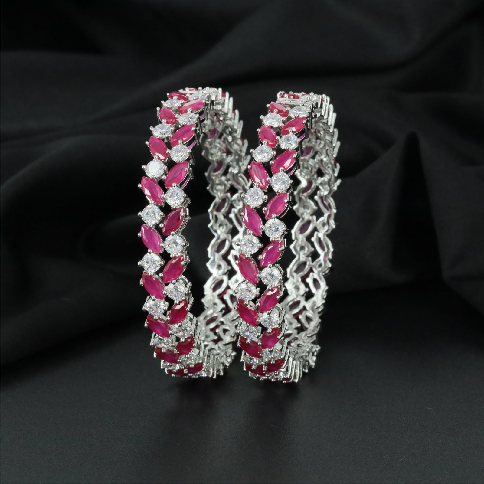 Jewel Matrix Rhodium Bangles with Textured Open Frame Pattern