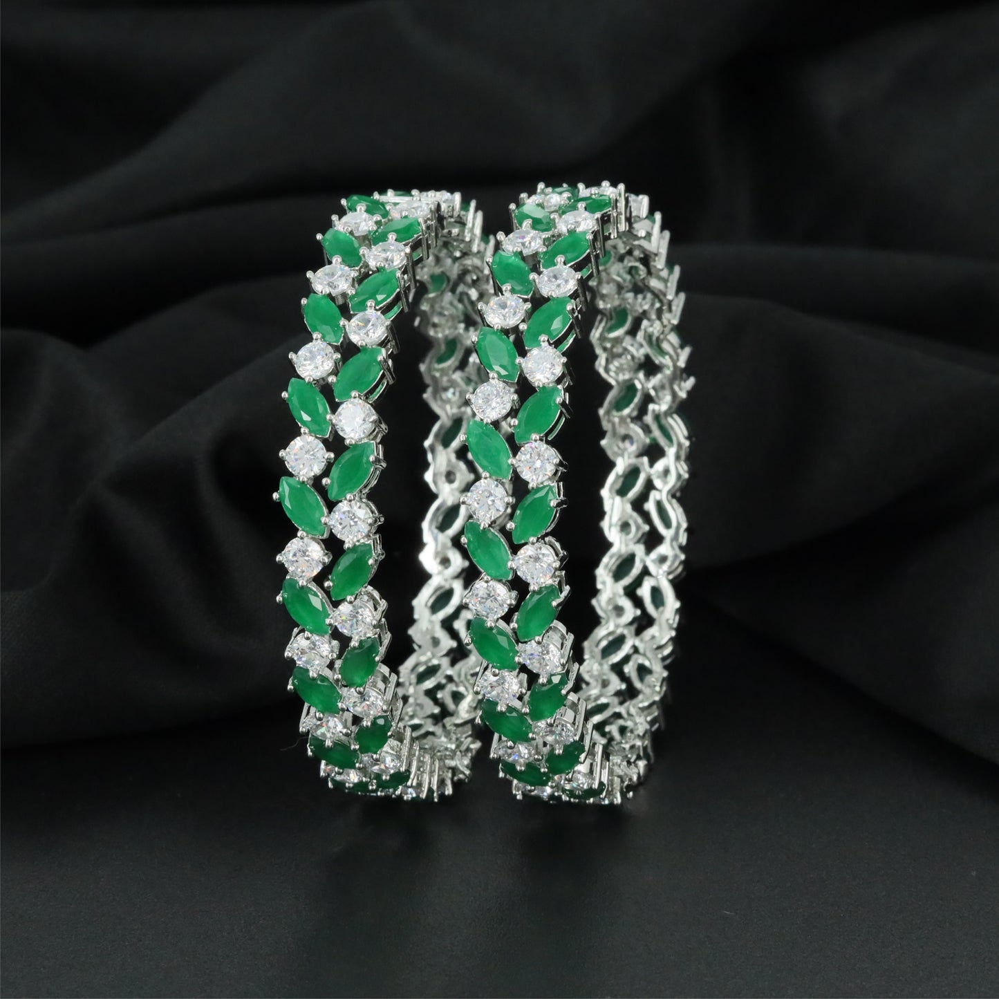 Apex Zigzag Rhodium Bangles with Repeating Square Accent Sections