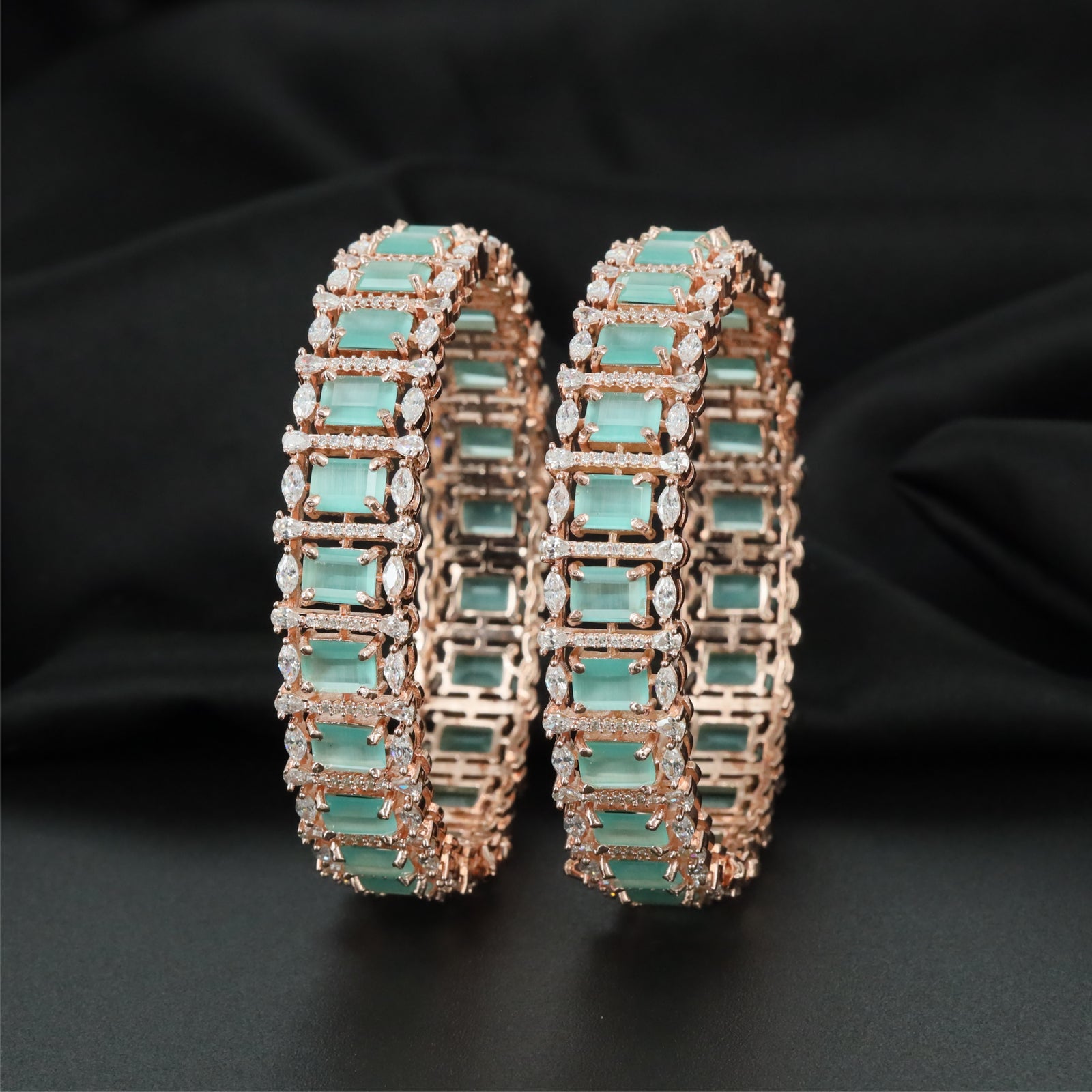 Cadence Rectangle Rose Gold Bangles with Decorative Framework Pattern