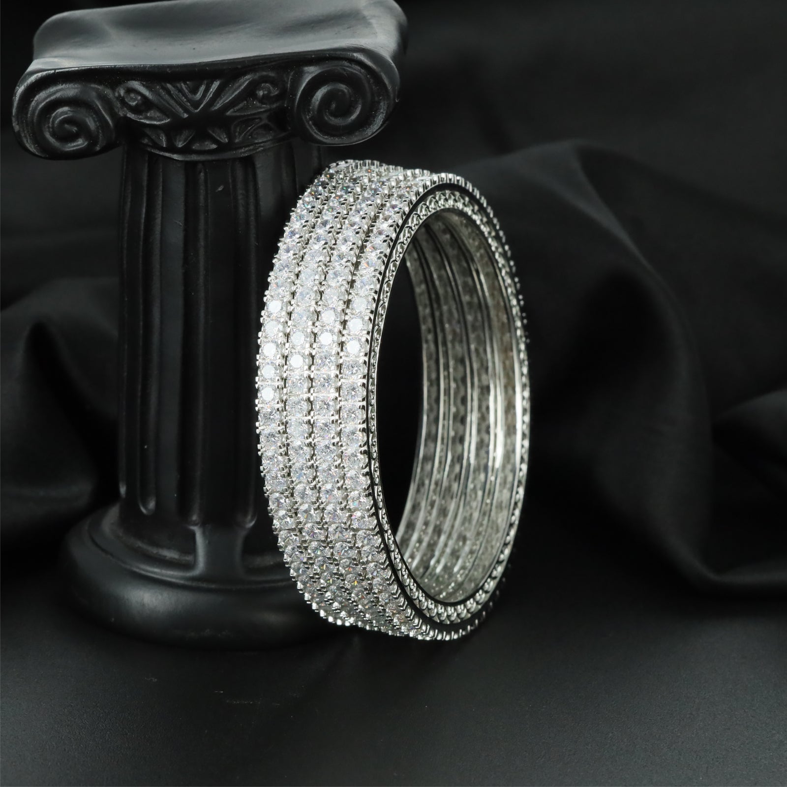 Crystal Avenue Rhodium Bangles with Multirow Sparkle Detailing