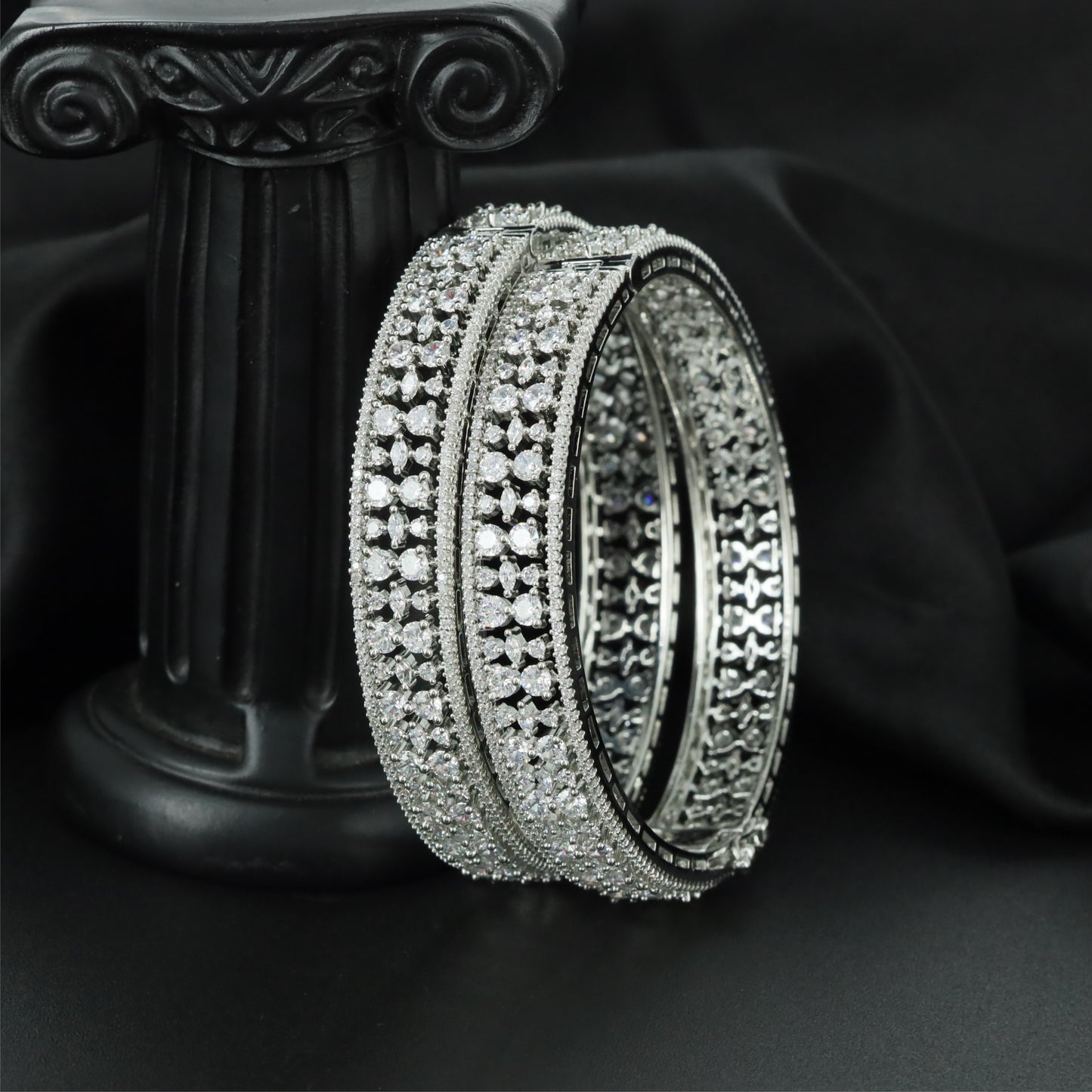 Mosaic Bloom Rhodium Bangles with Balanced Structural Layout