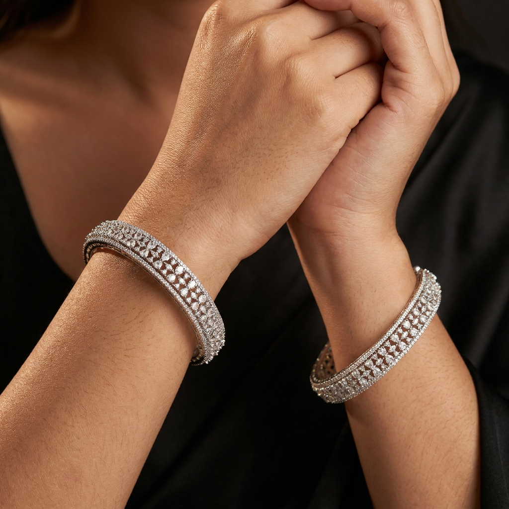 Mosaic Bloom Rhodium Bangles with Balanced Structural Layout