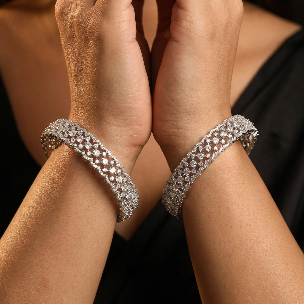 Heritage Meshwork Rhodium Bangles with Continuous Decorative Formation