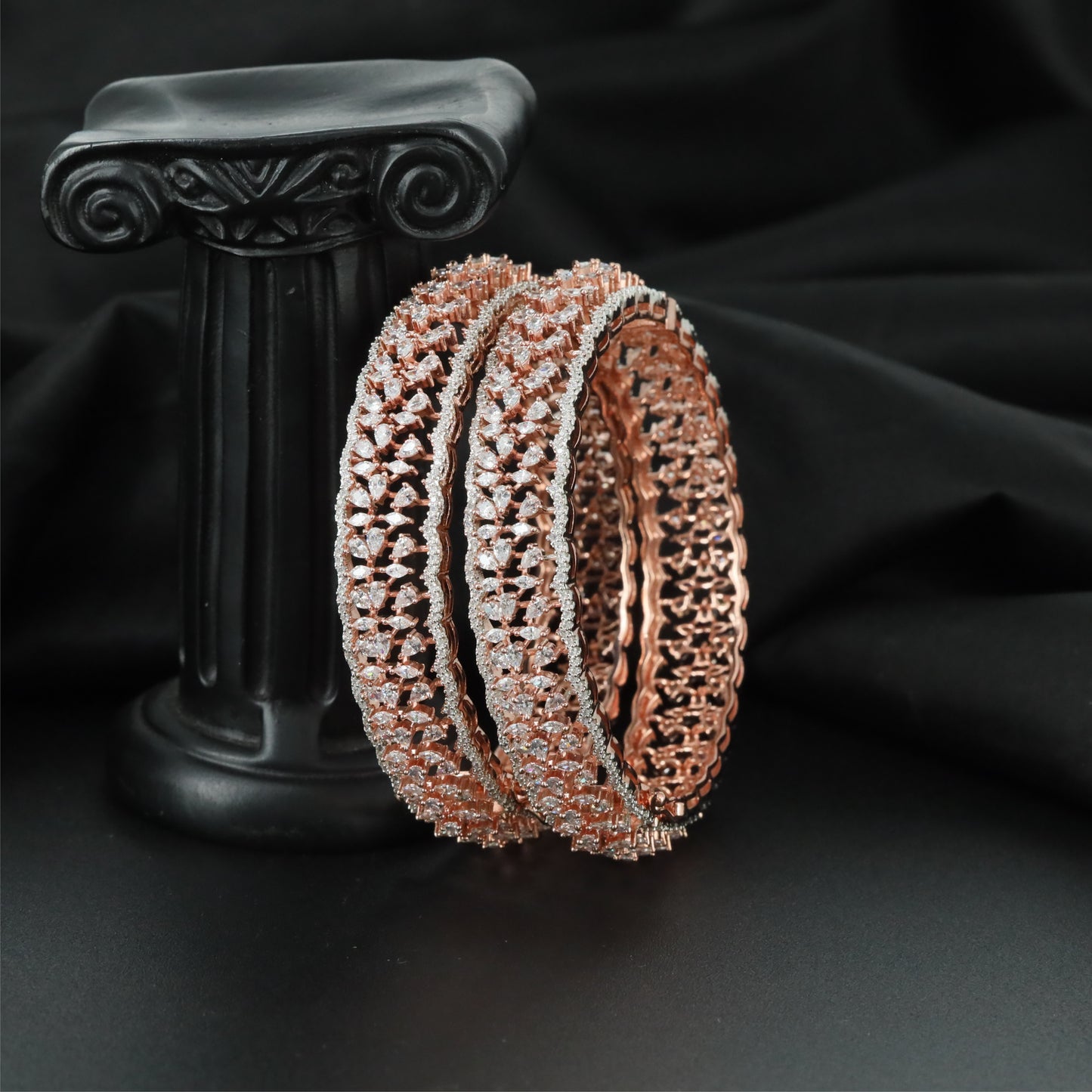 Jewelled Weave Track Rose Gold Bangles with Refined Border Construction