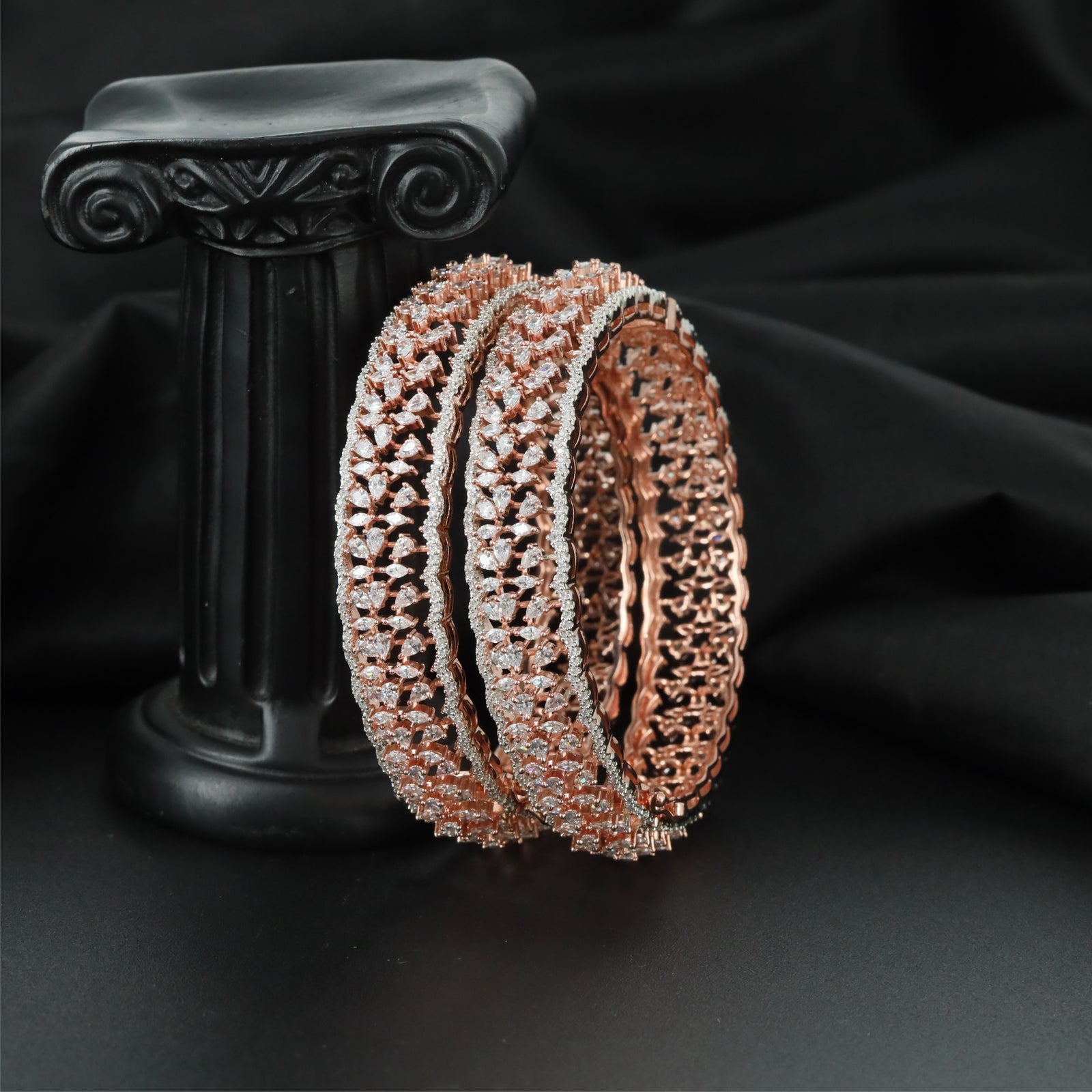 Jewelled Weave Track Rose Gold Bangles with Refined Border Construction