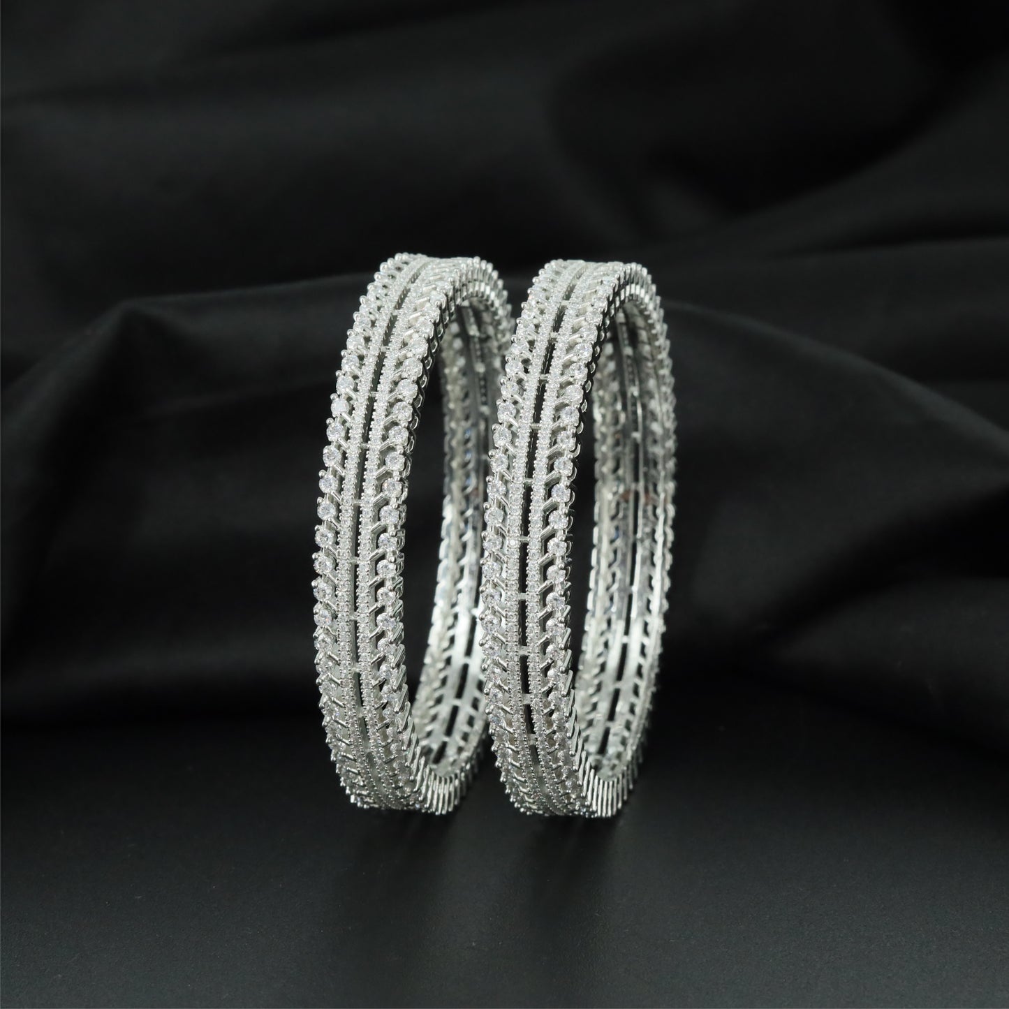 Textured Twin Rail Rhodium Bangles with Refined Edge Detailing