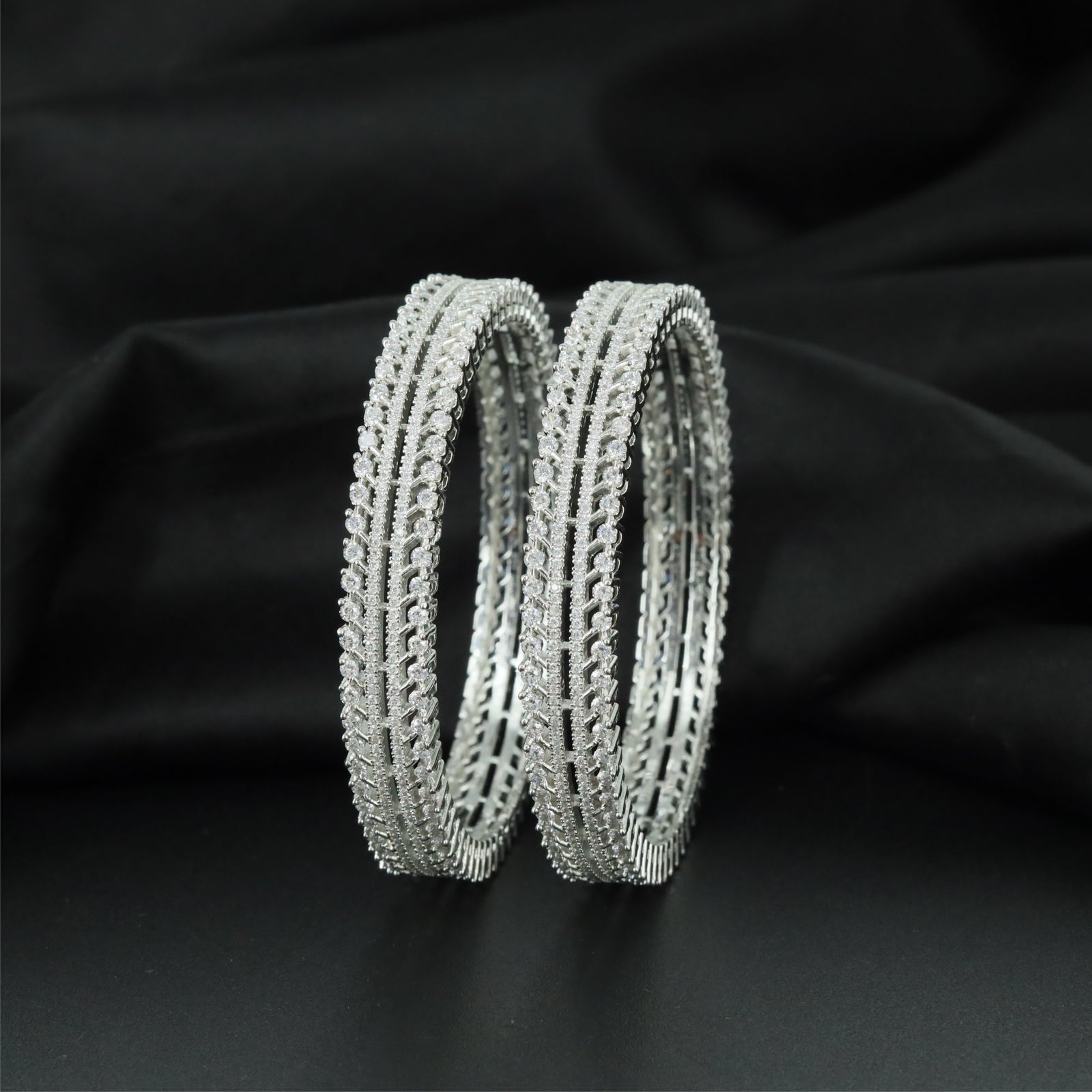 Textured Twin Rail Rhodium Bangles with Refined Edge Detailing