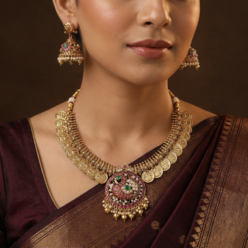 Traditional Lakshmi Necklace with Raised Pendant Styling