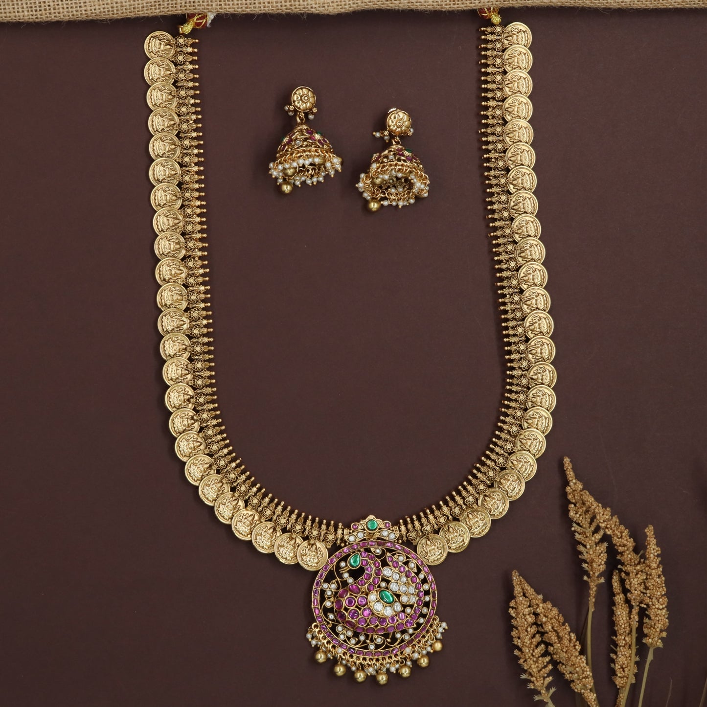 Peacock Pendant Coin Long Haara with Temple Border Detailing
