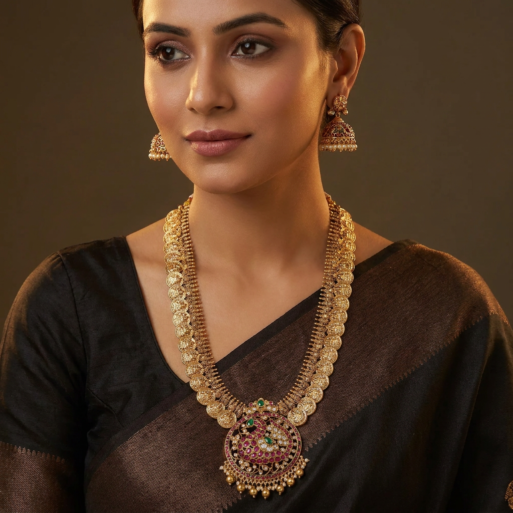 Peacock Pendant Coin Long Haara with Temple Border Detailing