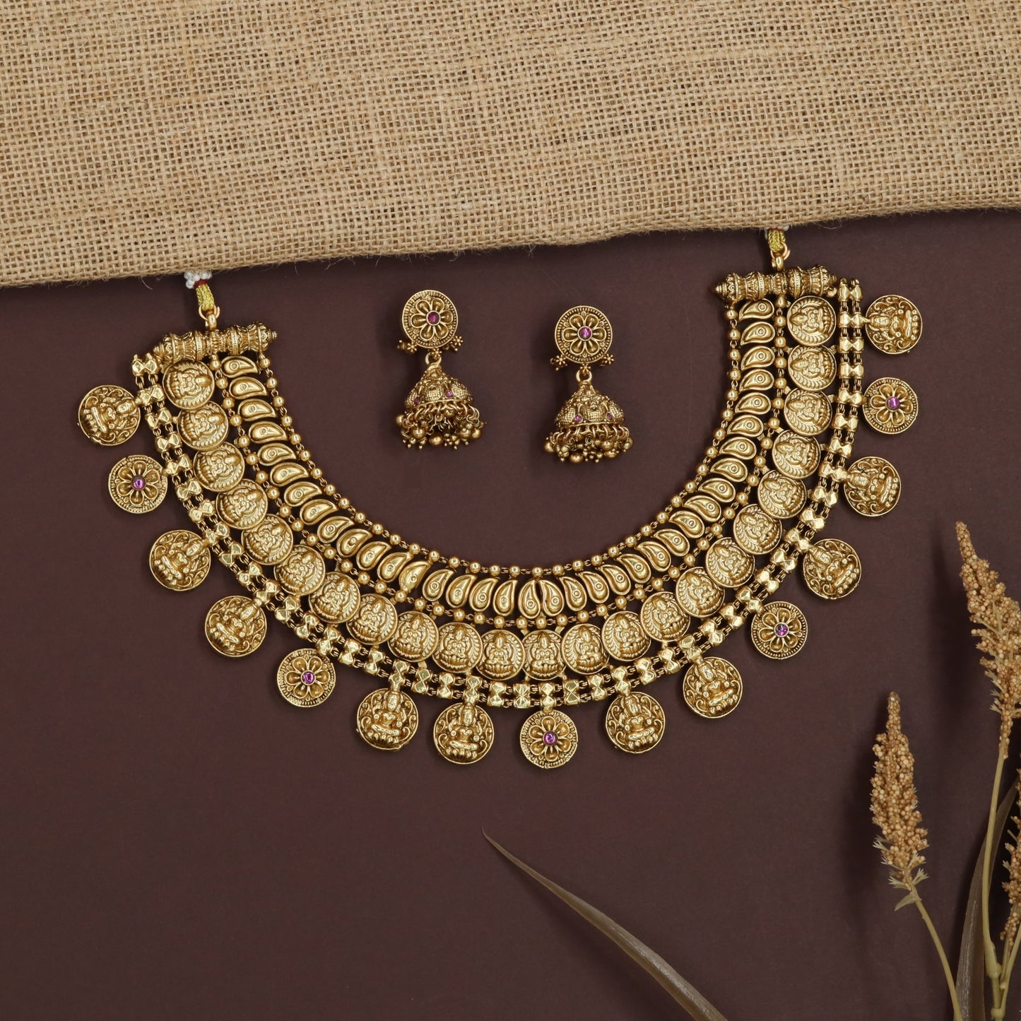 Coin Drop Temple Necklace with Dense Lakshmi Border Detailing