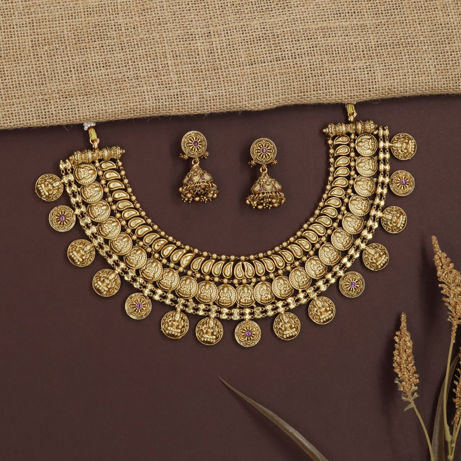 Coin Drop Temple Necklace with Dense Lakshmi Border Detailing