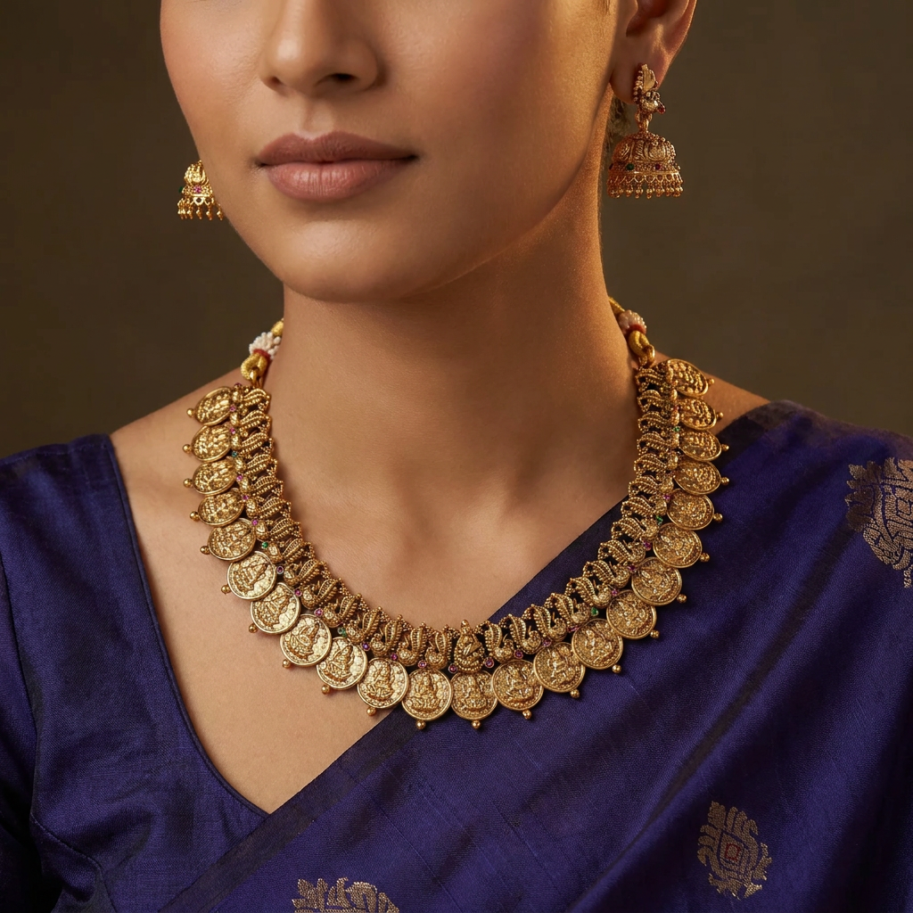 Coin Lakshmi Necklace with Curved Temple Link Detailing