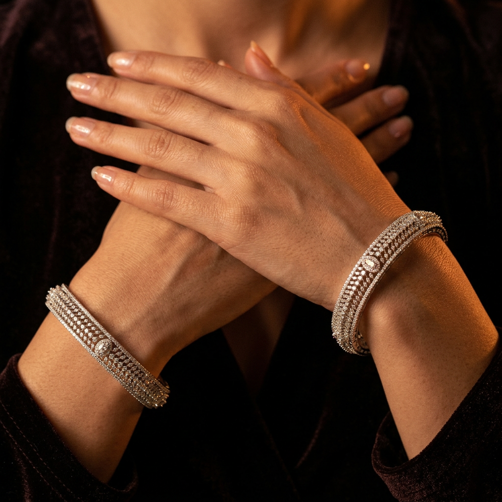Fashion Rope Border Rhodium Bangles with Repeating Edge Design