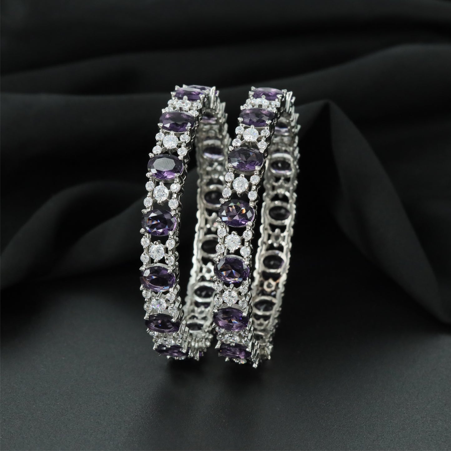 Halo Grid Rhodium Bangles with Intricate Border Construction