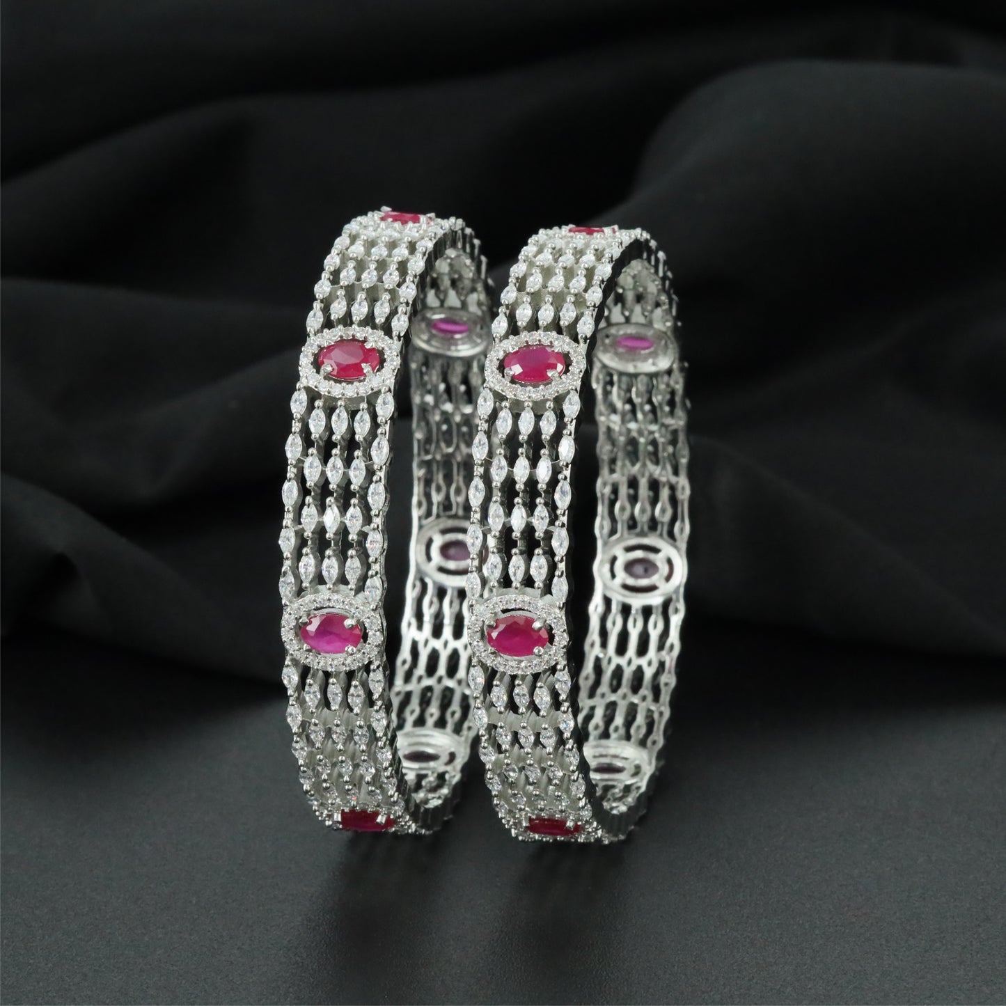 Cascade Grid Rhodium Bangles with Structured Openwork Layout