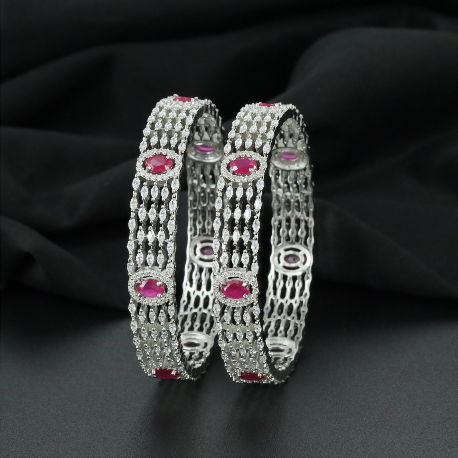 Cascade Grid Rhodium Bangles with Structured Openwork Layout