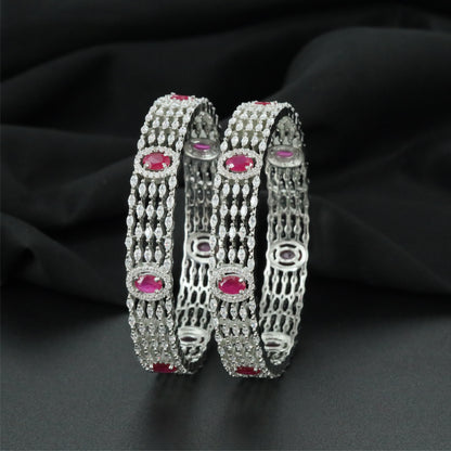Cascade Grid Rhodium Bangles with Structured Openwork Layout