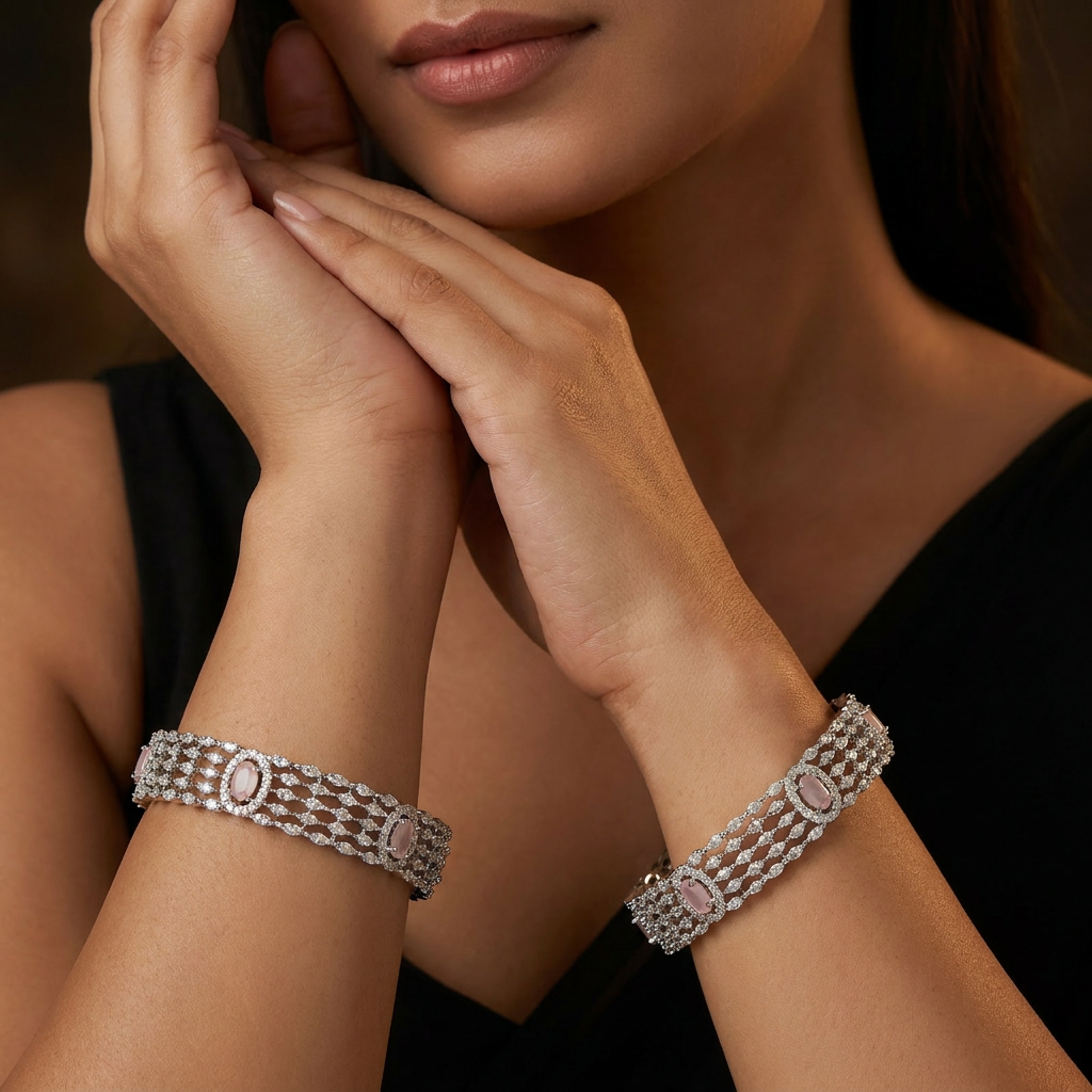 Monarch Alignment Rhodium Bangles with Dimensional Section Layout