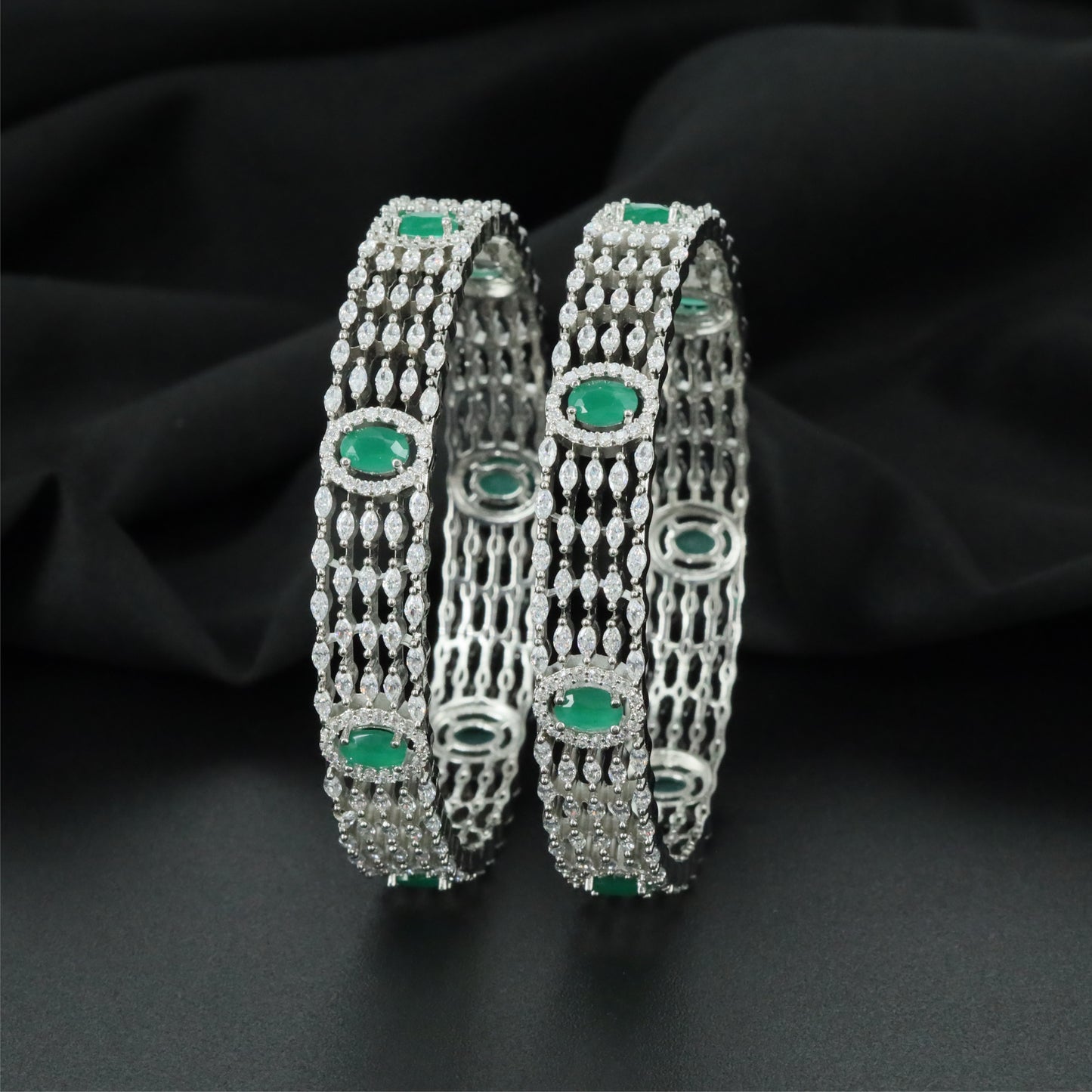 Keystone Border Rhodium Bangles with Decorative Linked Arrangement