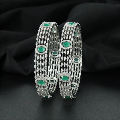 Keystone Border Rhodium Bangles with Decorative Linked Arrangement