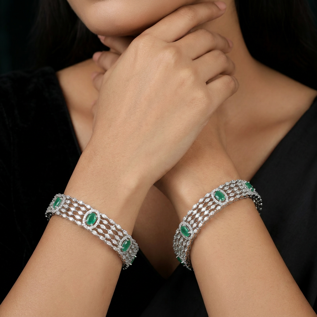 Keystone Border Rhodium Bangles with Decorative Linked Arrangement