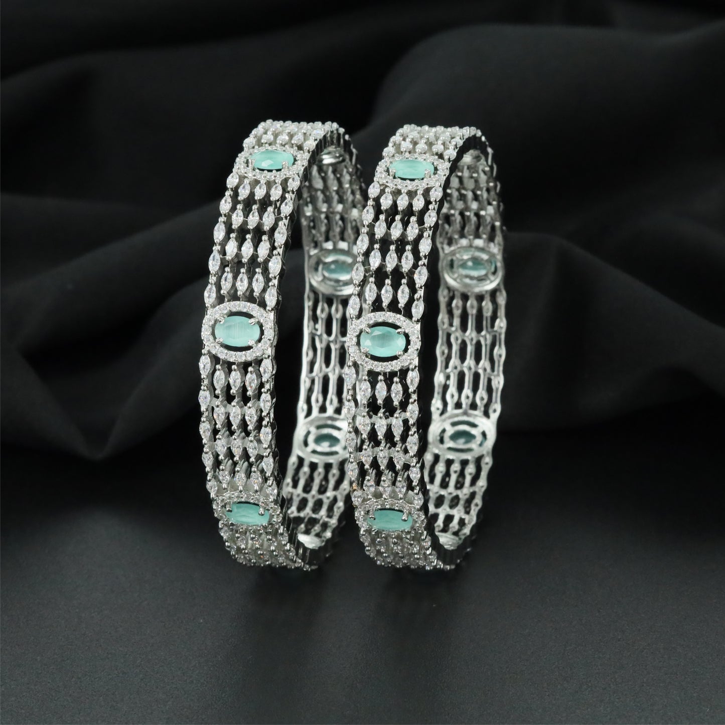 Aster Oval Accent Rhodium Bangles with Repeating Centre Sections