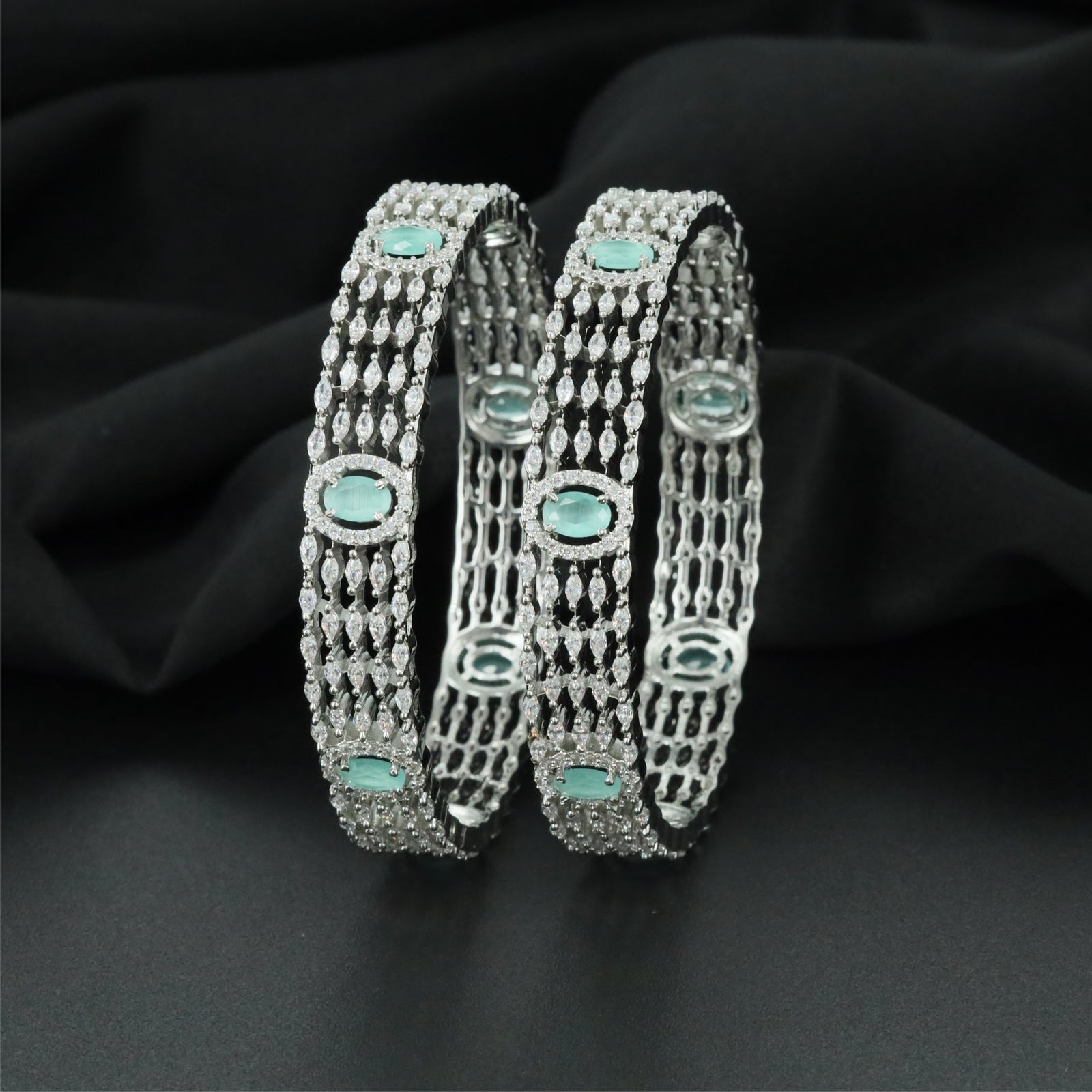 Aster Oval Accent Rhodium Bangles with Repeating Centre Sections