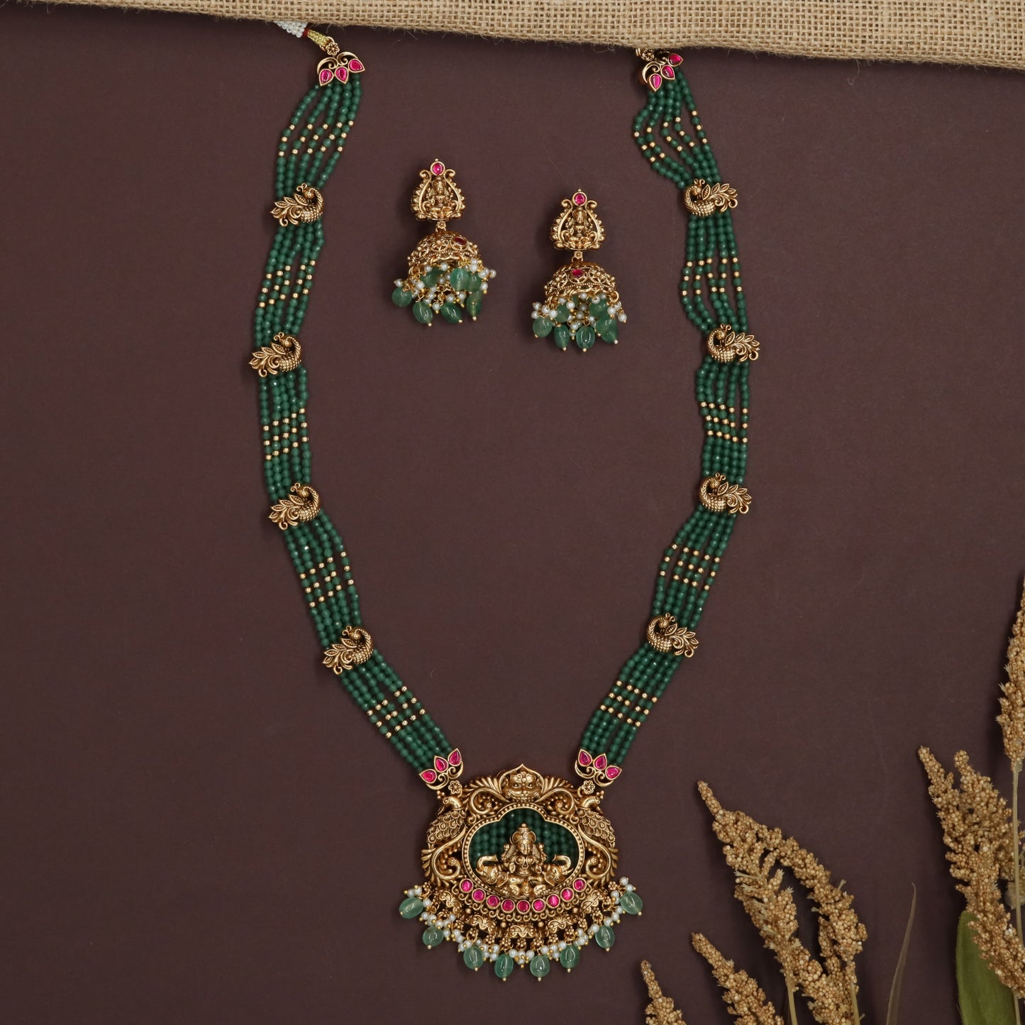 Peacock Connector Beads Long Haara with Lakshmi Pendant Detailing