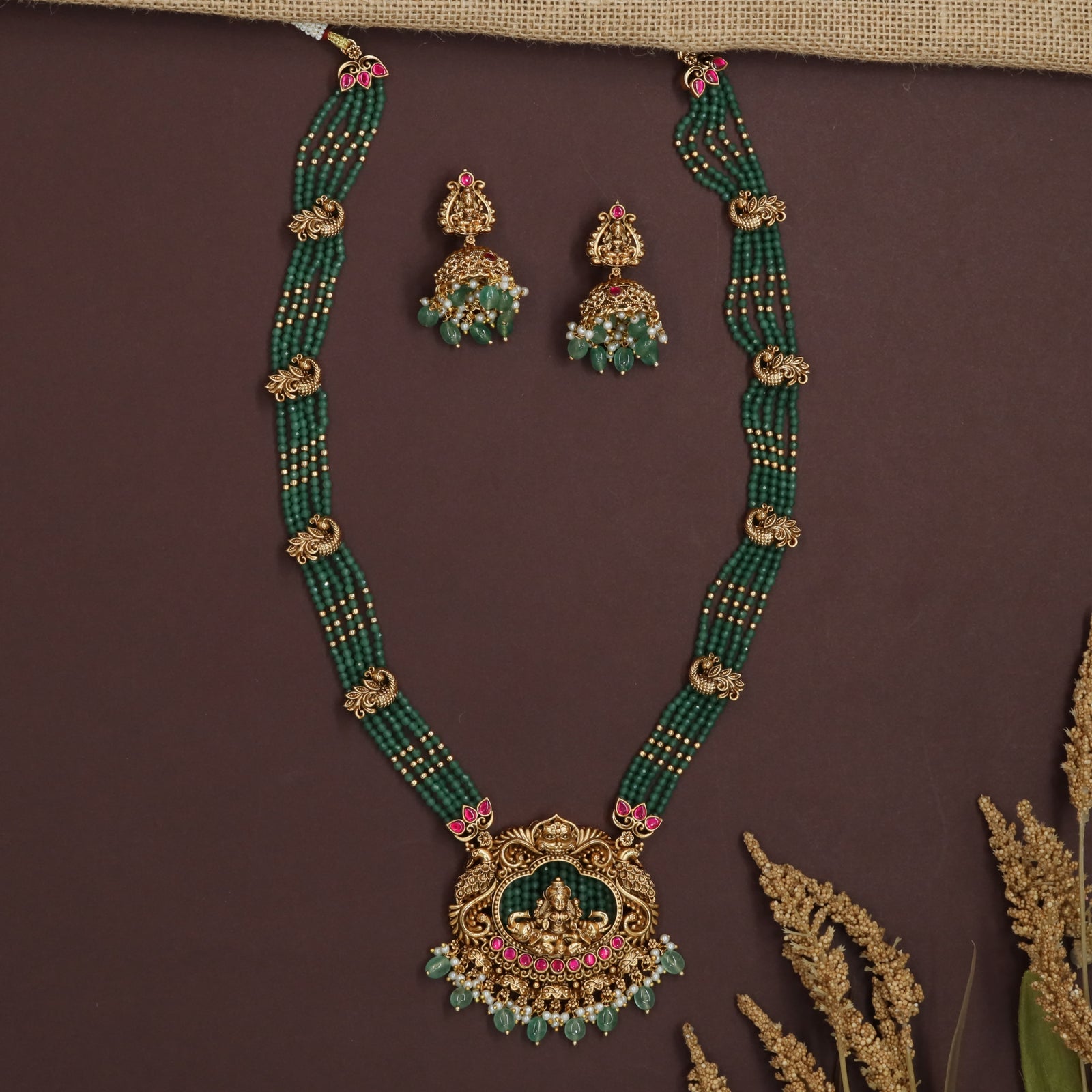 Peacock Connector Beads Long Haara with Lakshmi Pendant Detailing