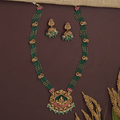 Peacock Connector Beads Long Haara with Lakshmi Pendant Detailing