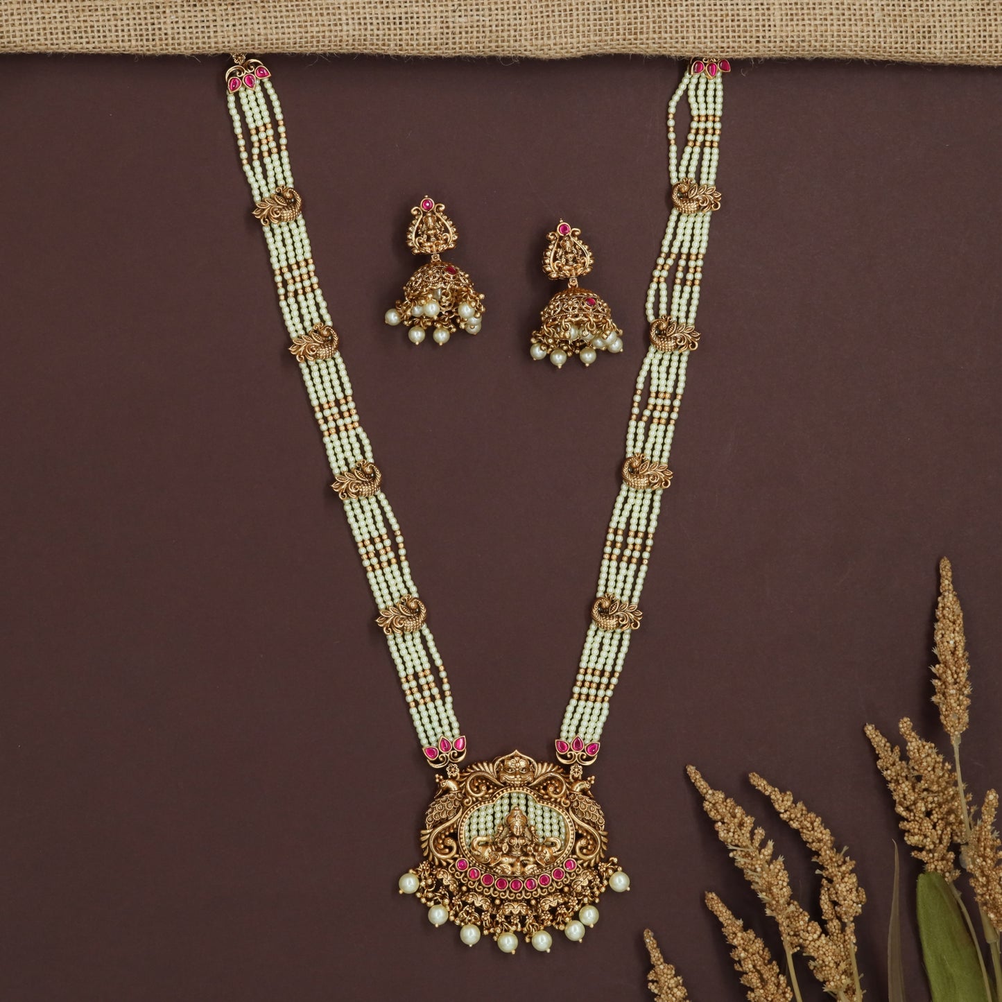 Peacock Connector Beads Long Haara with Lakshmi Pendant Detailing