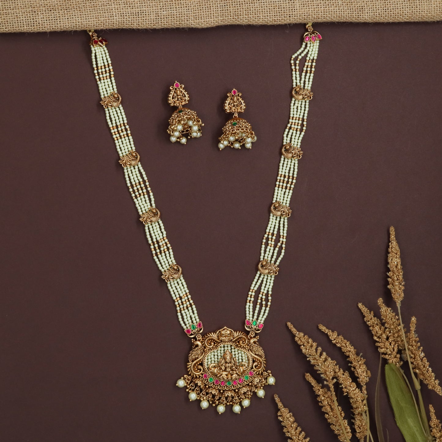 Peacock Connector Beads Long Haara with Lakshmi Pendant Detailing
