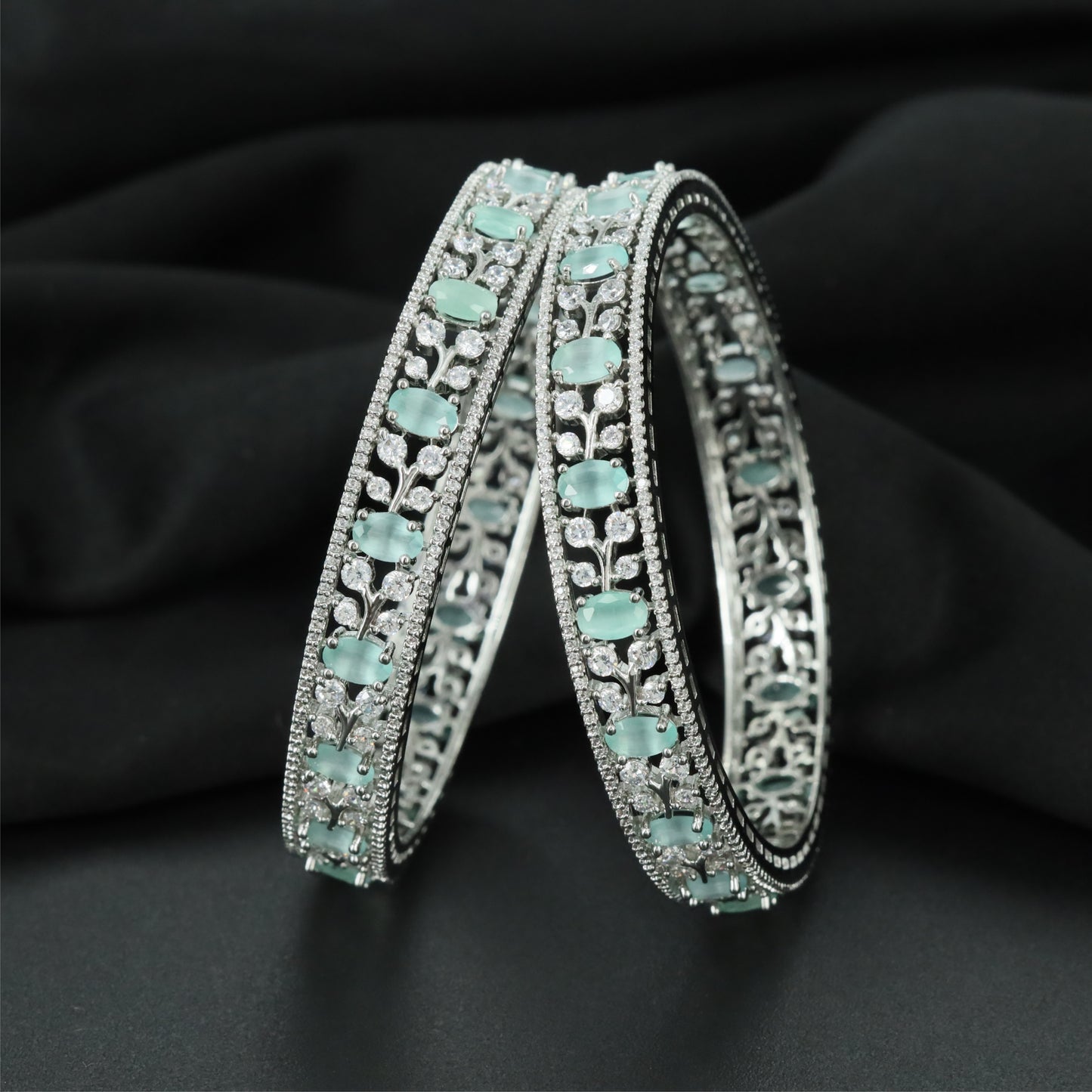 Anchor Vine Rhodium Bangles with Repeating Oval Accent Sections