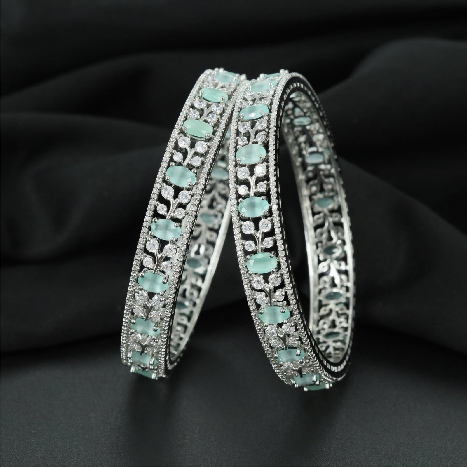 Anchor Vine Rhodium Bangles with Repeating Oval Accent Sections