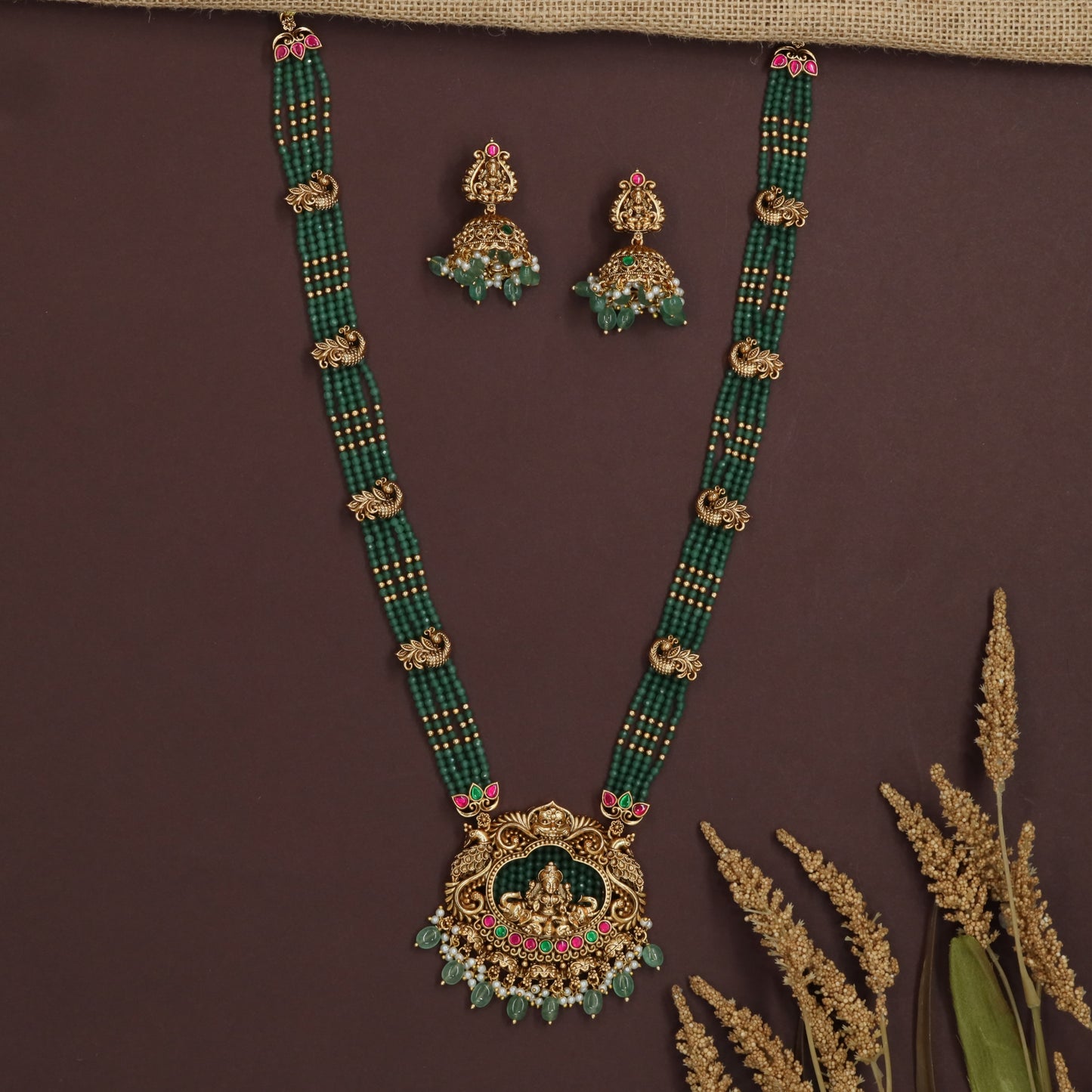 Peacock Connector Beads Long Haara with Lakshmi Pendant Detailing