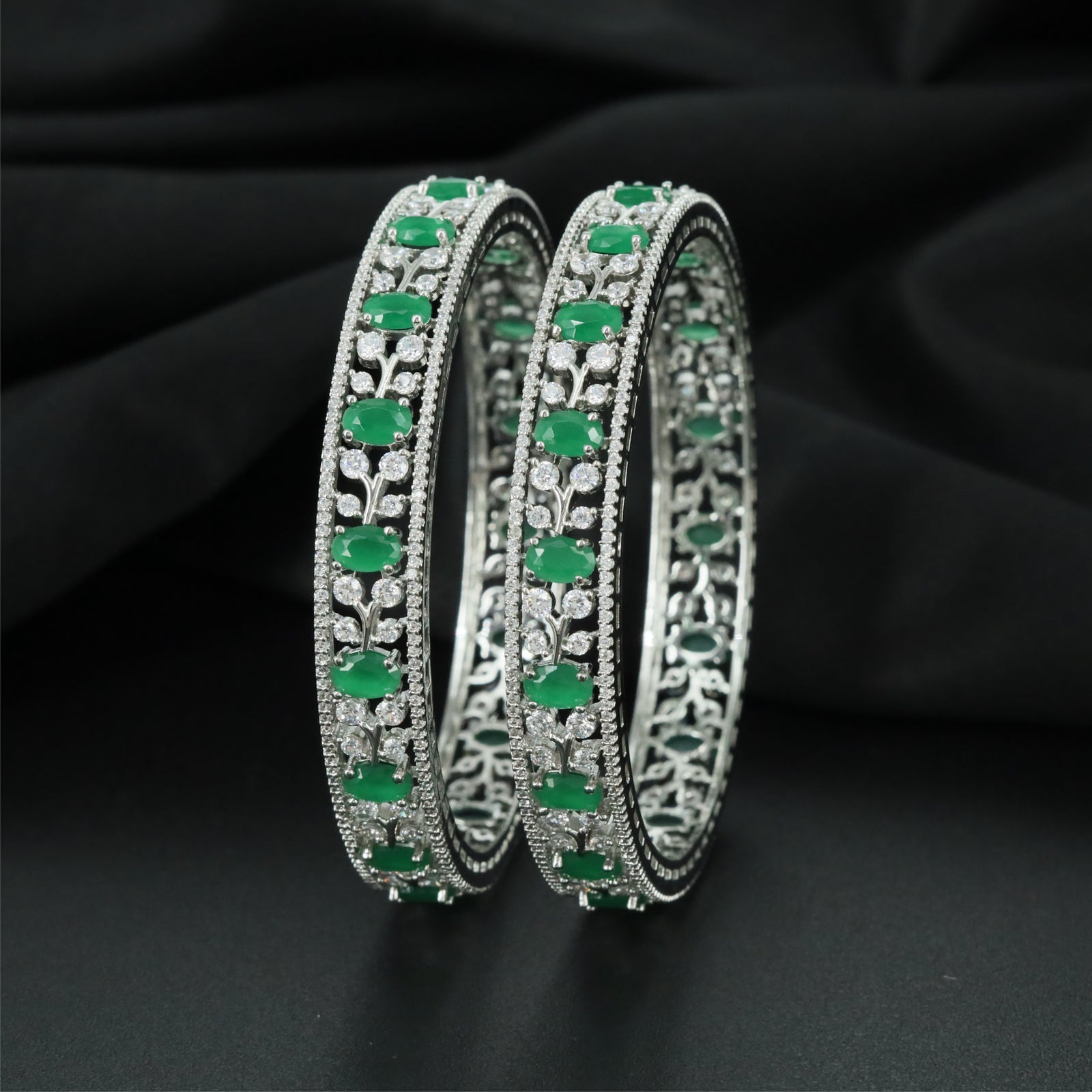 Jasmine Border Rhodium Bangles with Continuous Framework Design
