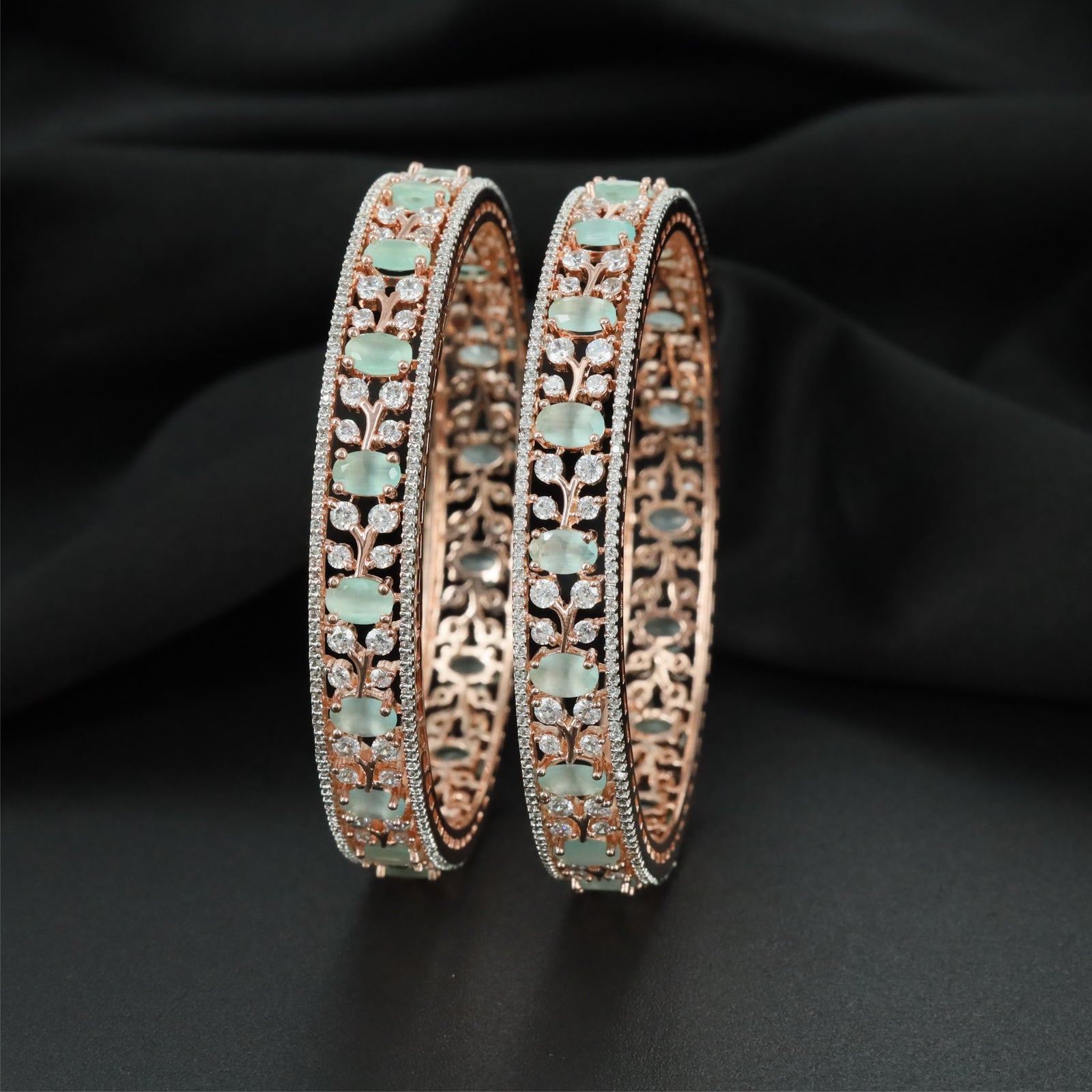 Jewel Border Rose Gold Bangles with Continuous Framework Design