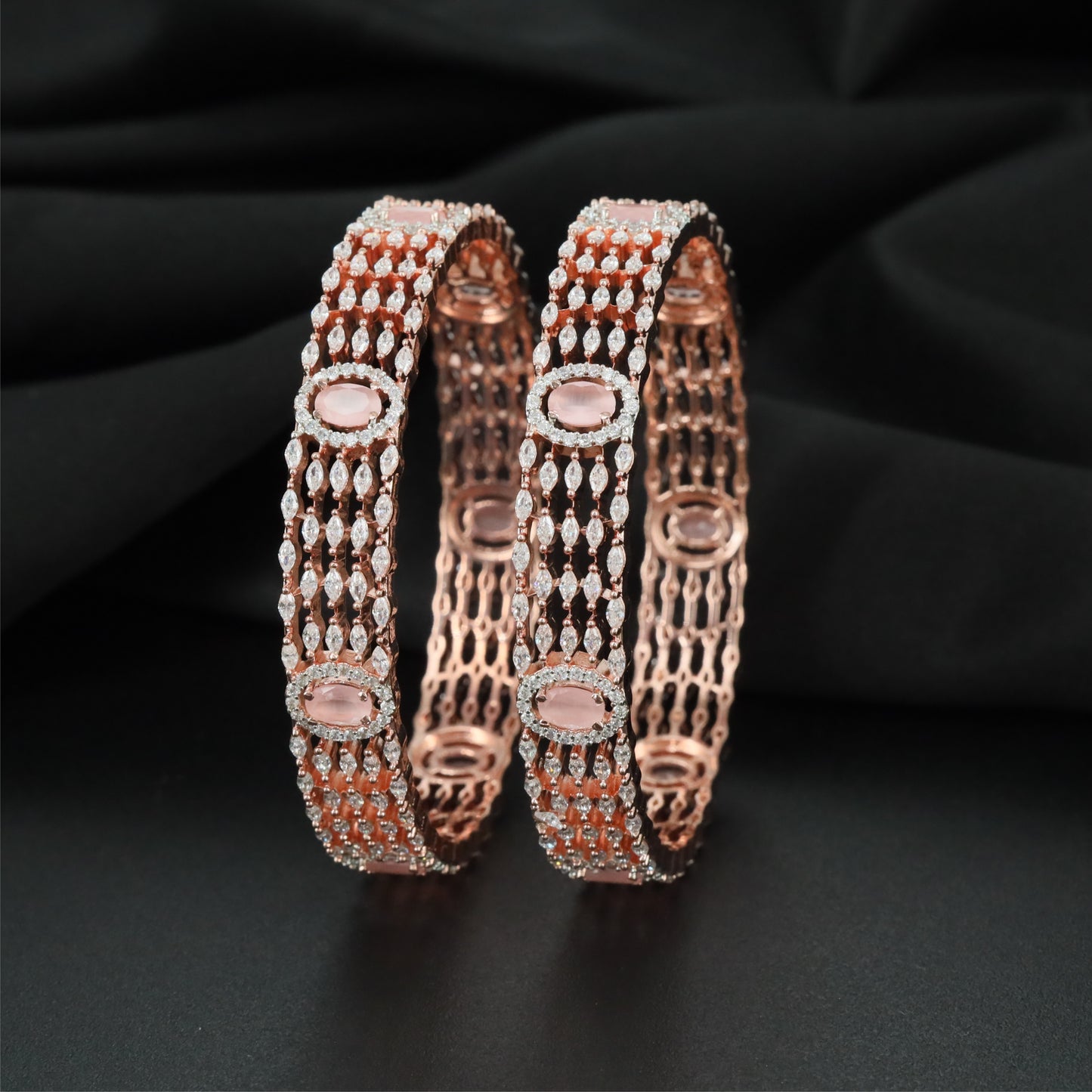 Panelled Gallery Rose Gold Bangles with Repeating Open Frame Design