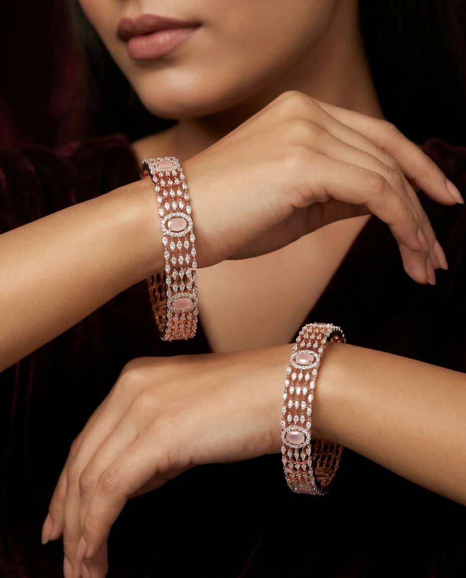 Panelled Gallery Rose Gold Bangles with Repeating Open Frame Design