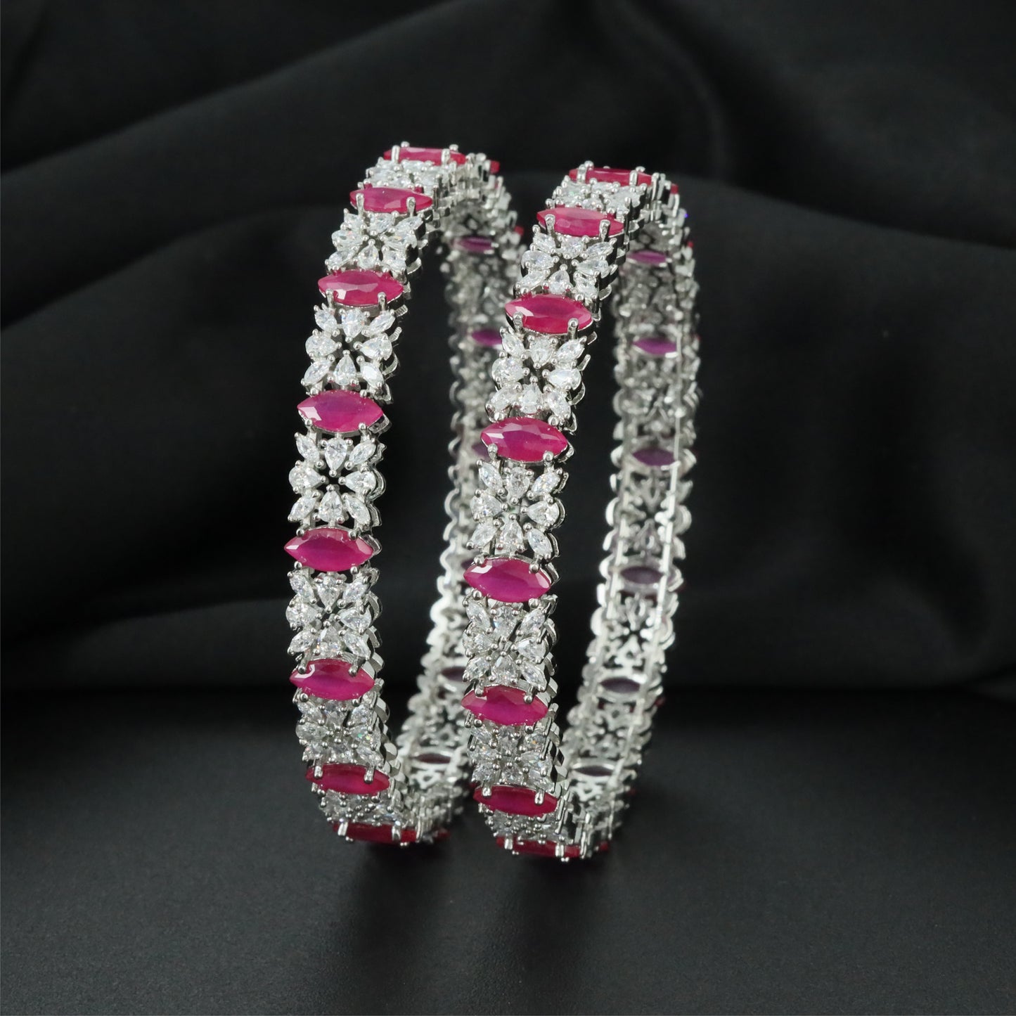 Crestflower Rhodium Bangles with Structured Openwork Layout