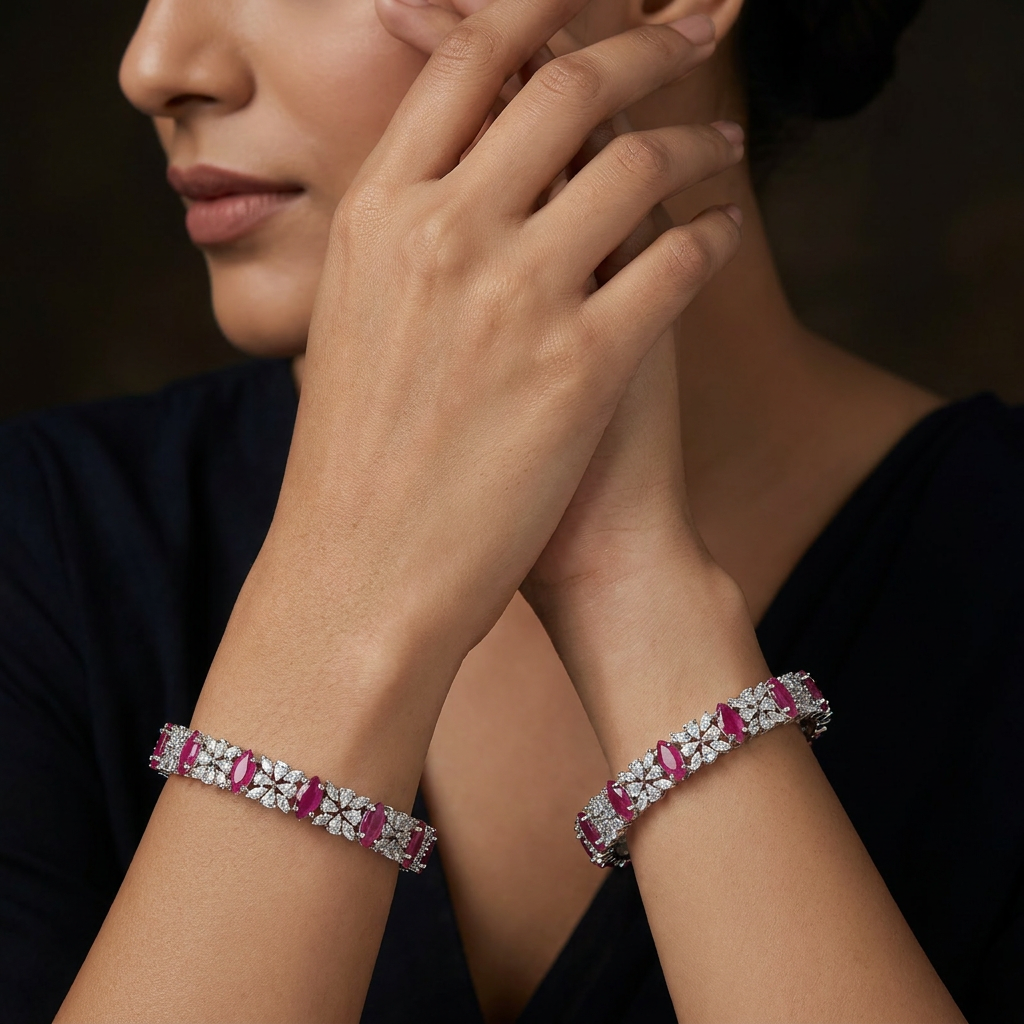 Crestflower Rhodium Bangles with Structured Openwork Layout