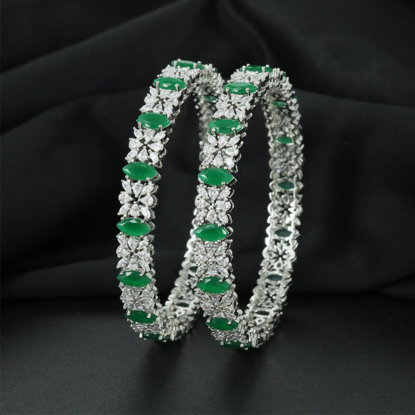 Glowpetal Rhodium Bangles with Intricate Frame Construction