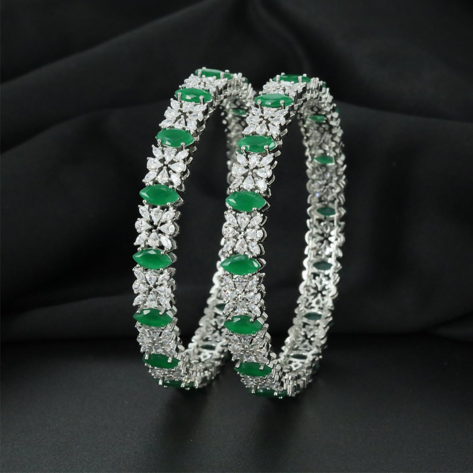 Glowpetal Rhodium Bangles with Intricate Frame Construction