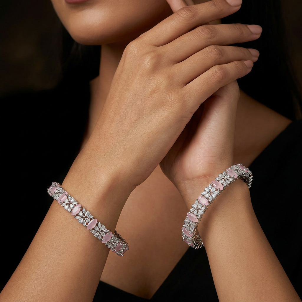 Lacebloom Rhodium Bangles with Continuous Decorative Layout