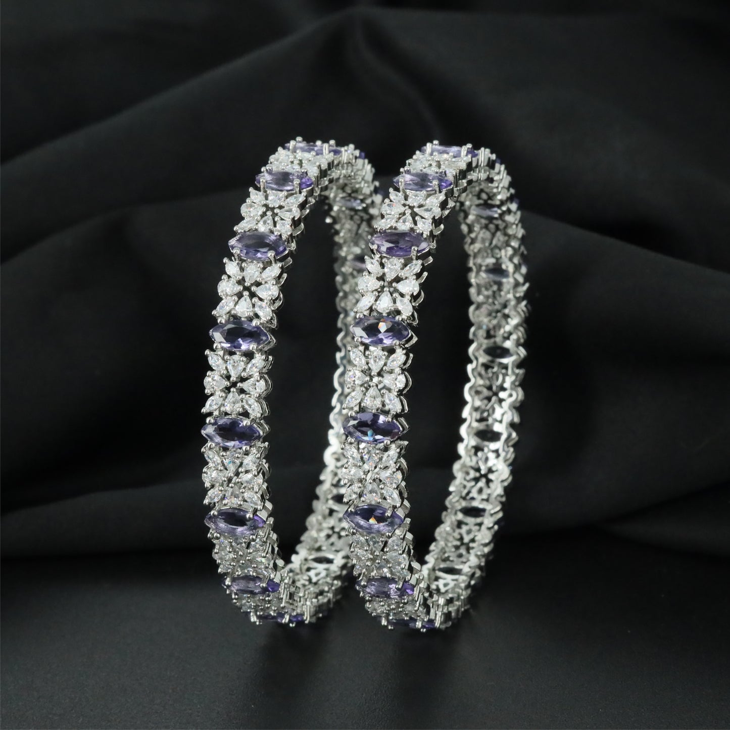 Orchid Bloom Rhodium Bangles with Broad Openwork Profile