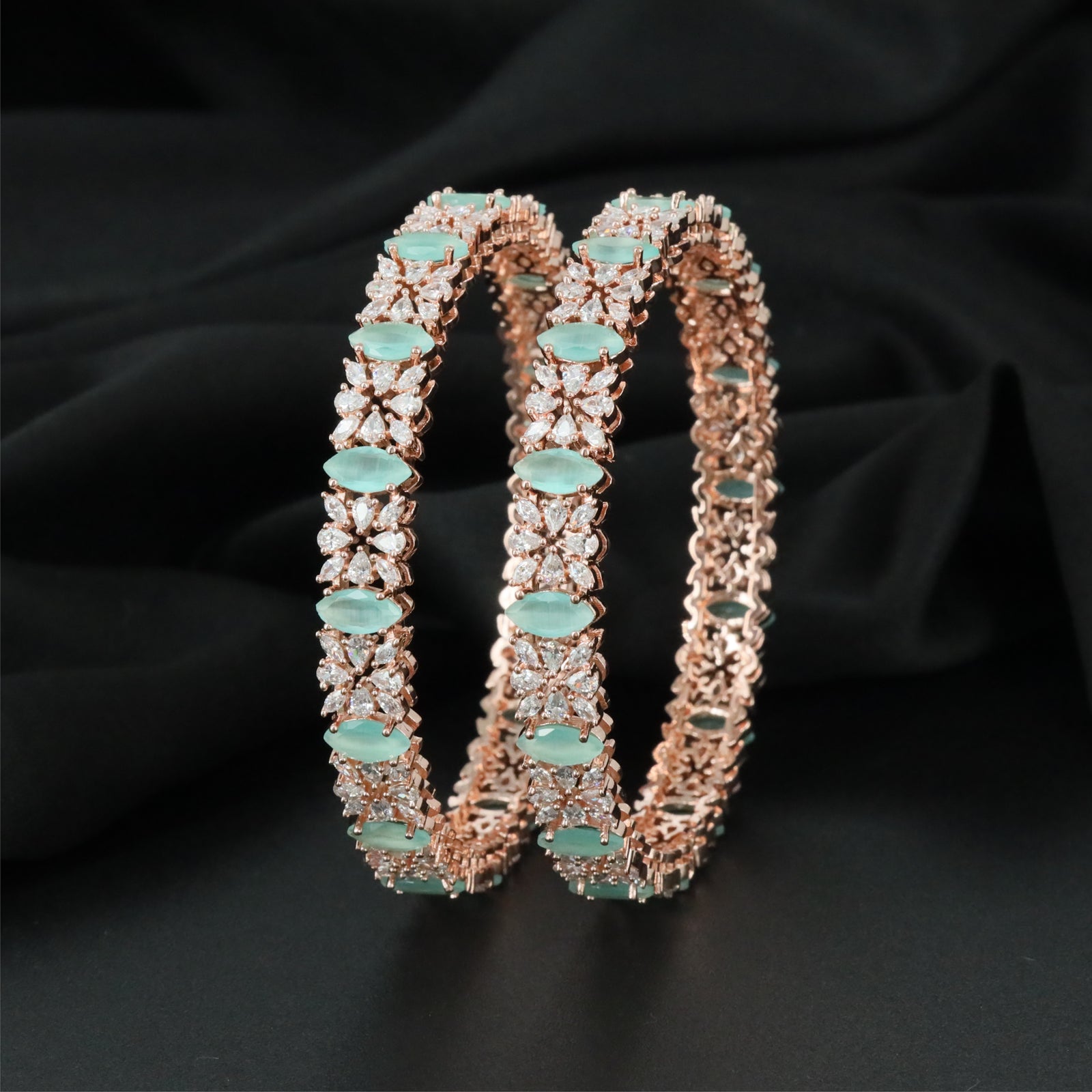 Amber Petal Frame Rose Gold Bangles with Repeating Floral Highlights